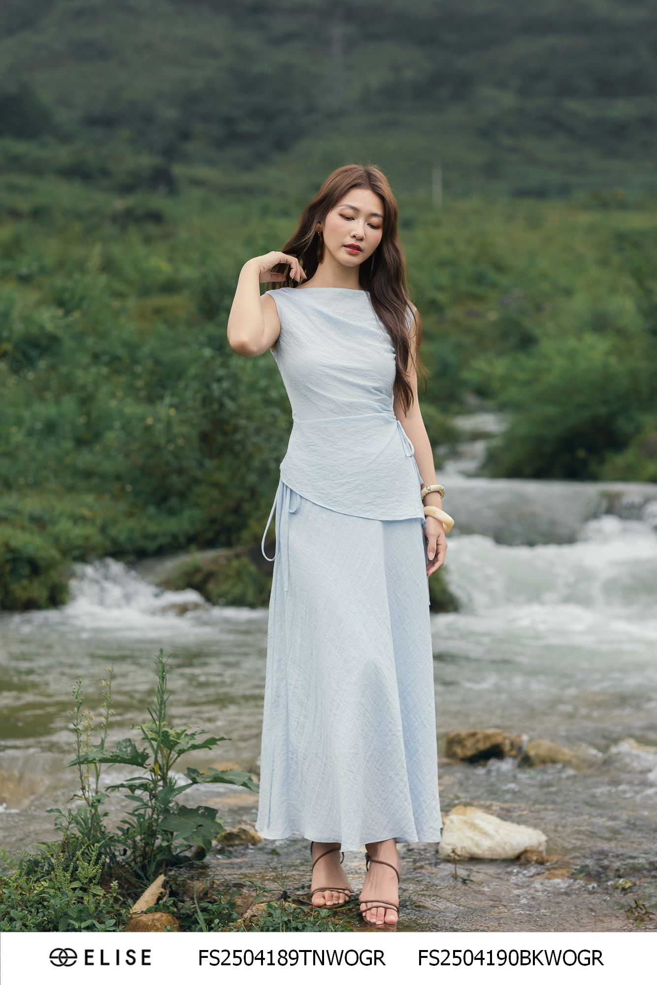 ÁO ĐŨI XANH GHI XẾP NHÚN BUỘC DÂY EO