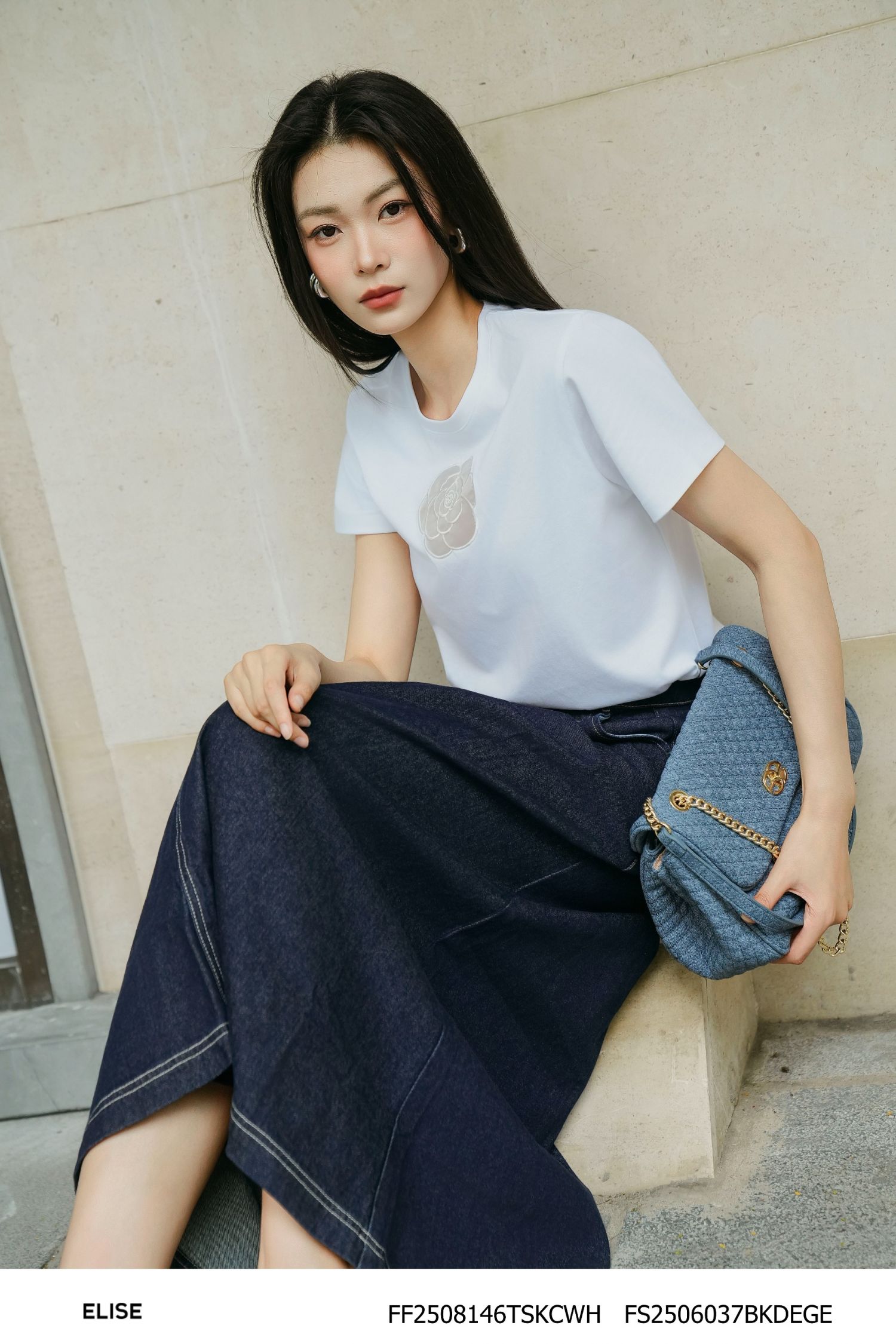 JUPE DENIM XANH CHÀM XẾP LY