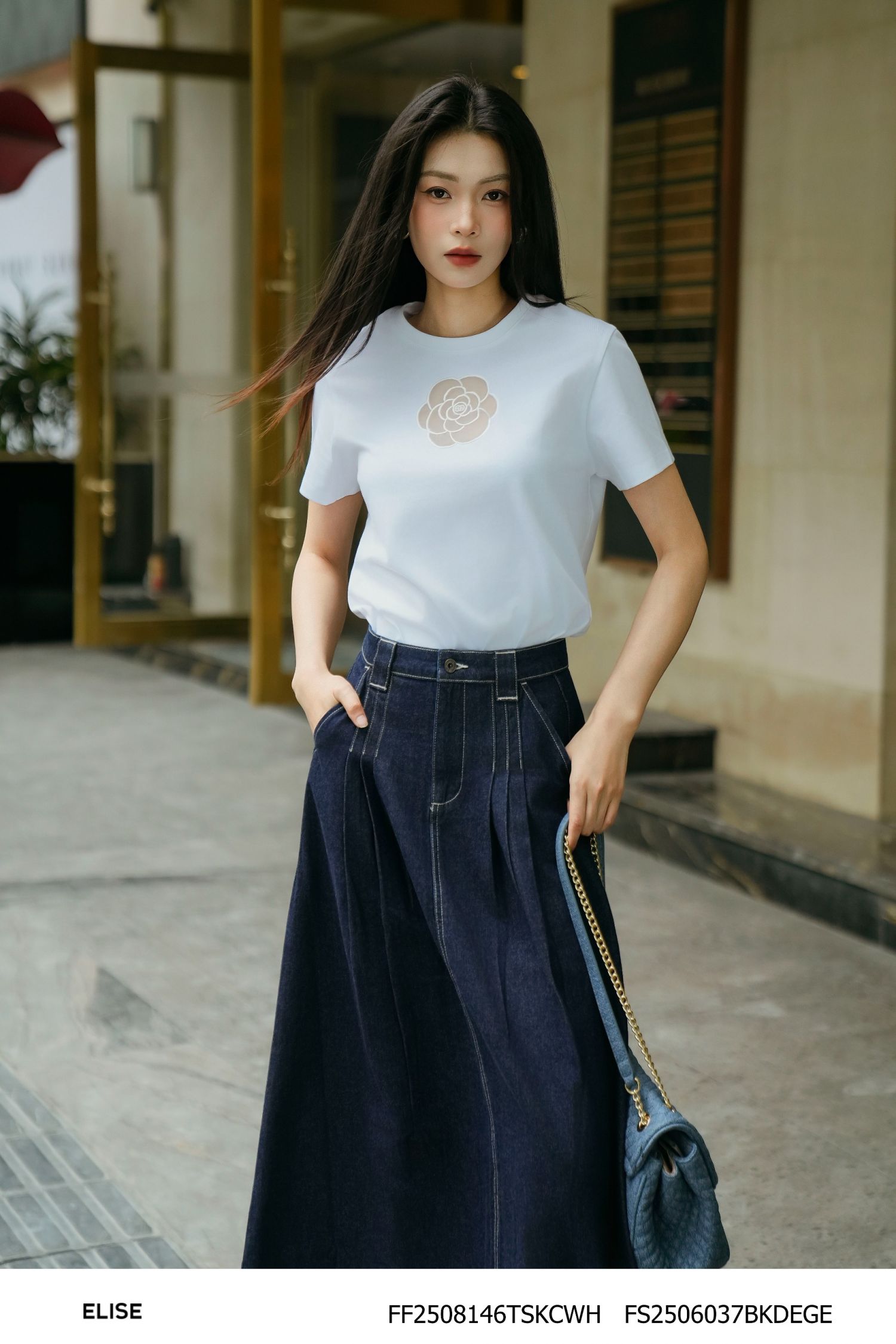 JUPE DENIM XANH CHÀM XẾP LY
