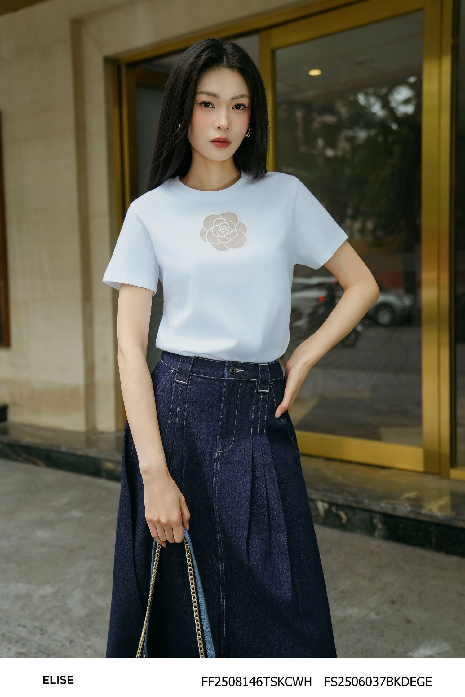 JUPE DENIM XANH CHÀM XẾP LY