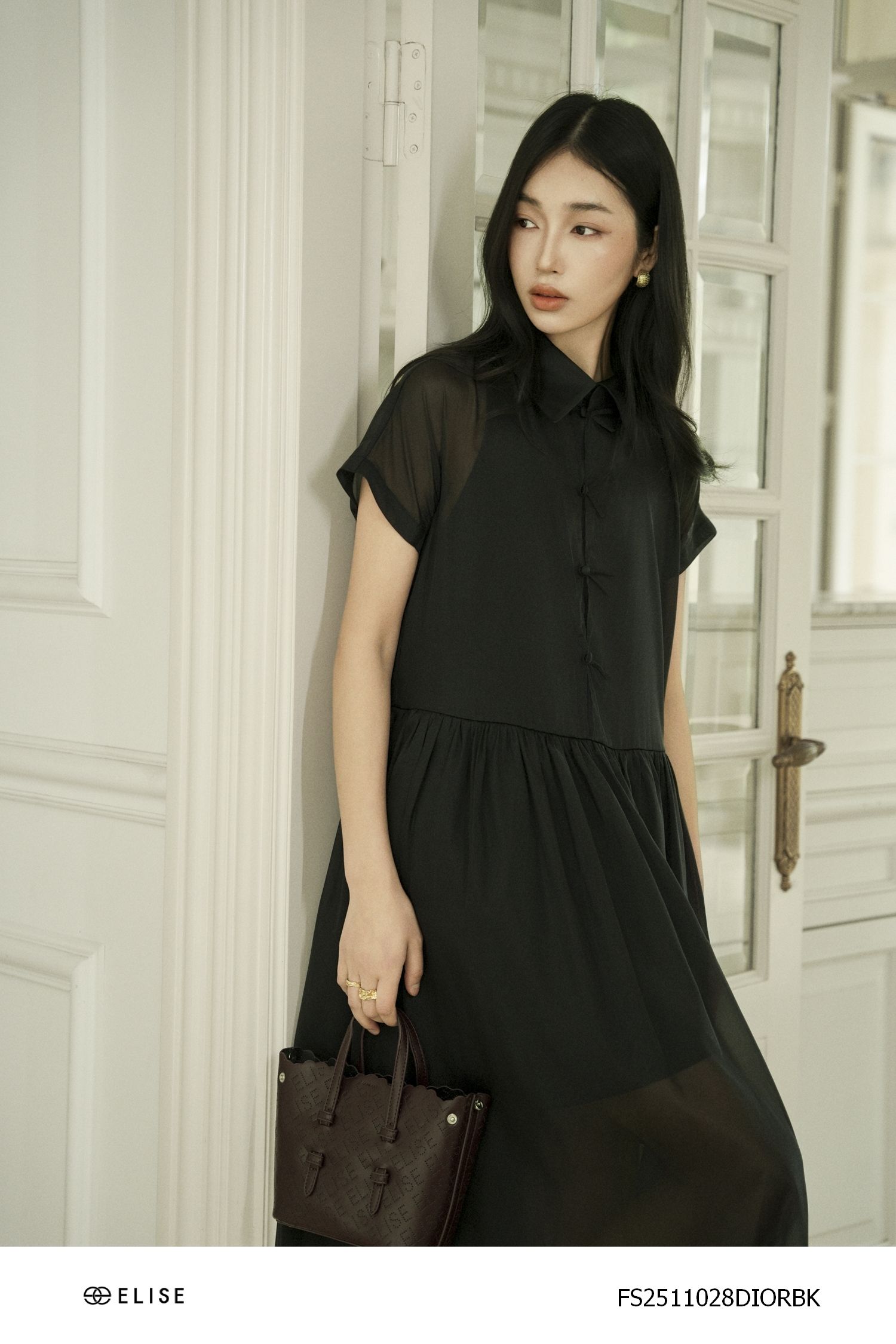 ĐẦM TƠ ĐEN PHỐI CỔ LỤA