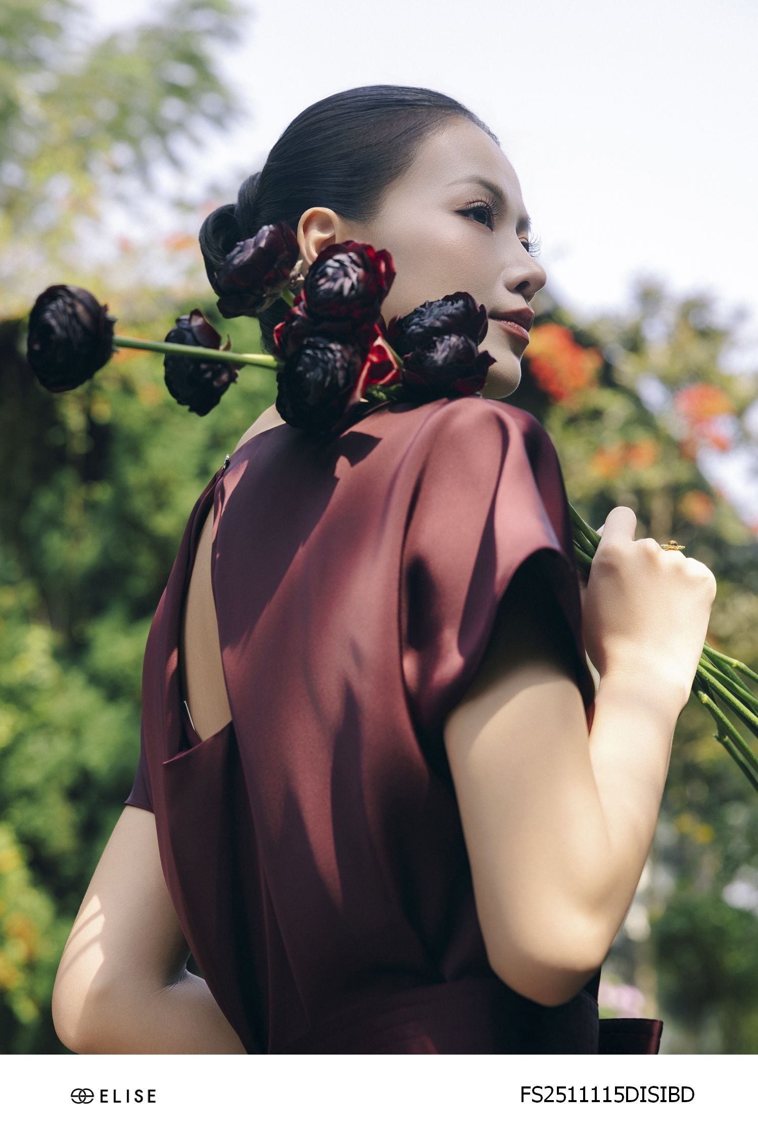 ĐẦM LỤA BURGUNDY ĐAI NƠ EO