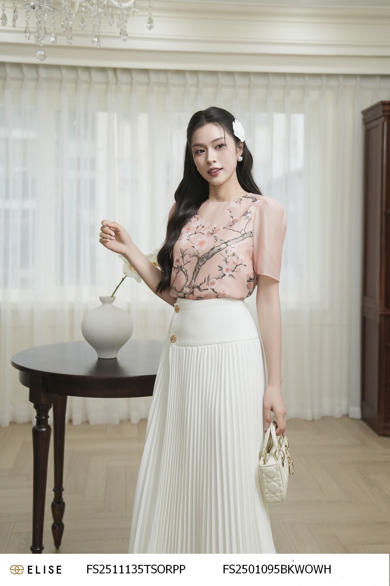 SM TƠ HOA MÀU HỒNG XẾP NHÚN VAI