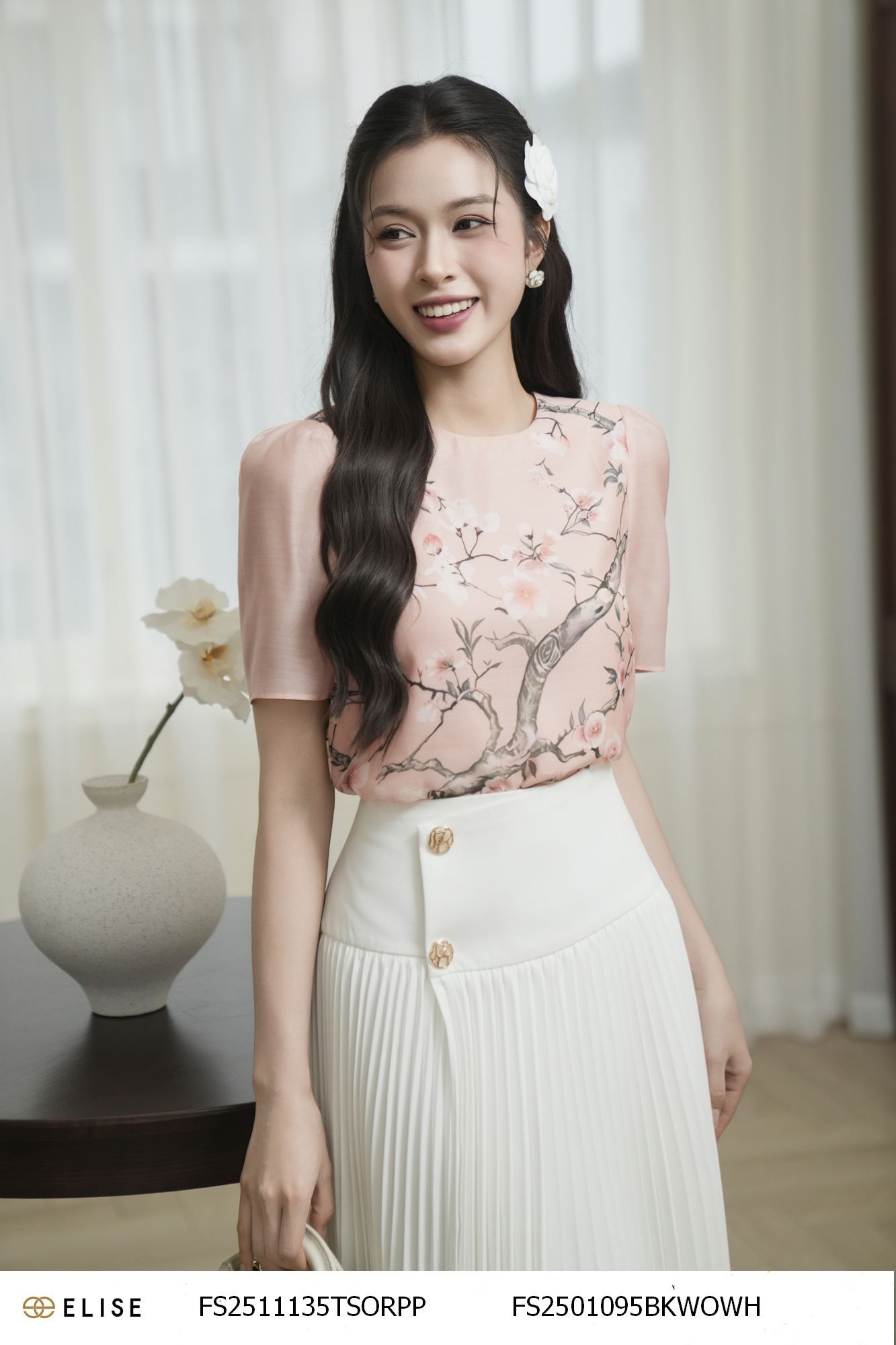 SM TƠ HOA MÀU HỒNG XẾP NHÚN VAI