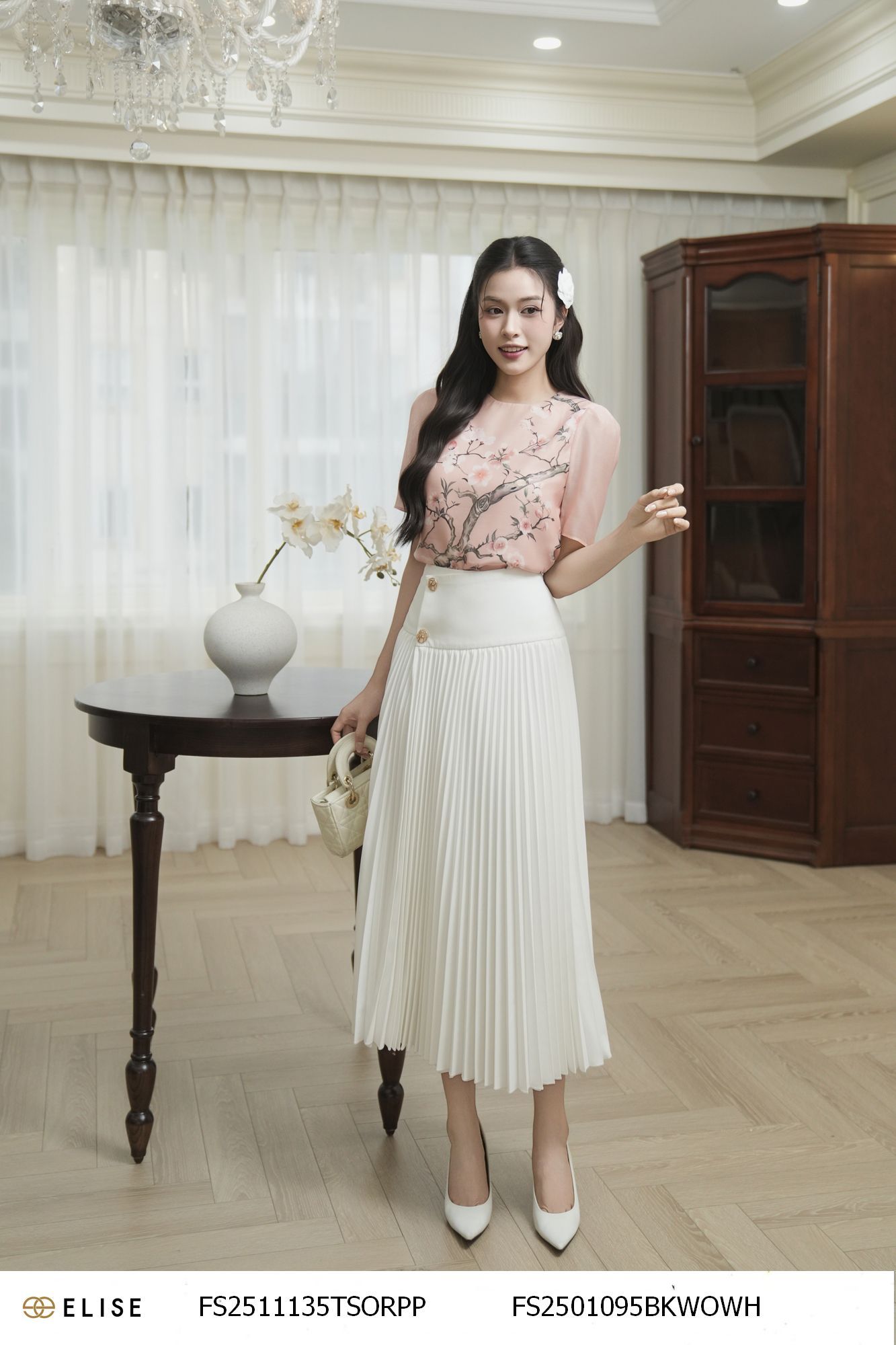 SM TƠ HOA MÀU HỒNG XẾP NHÚN VAI