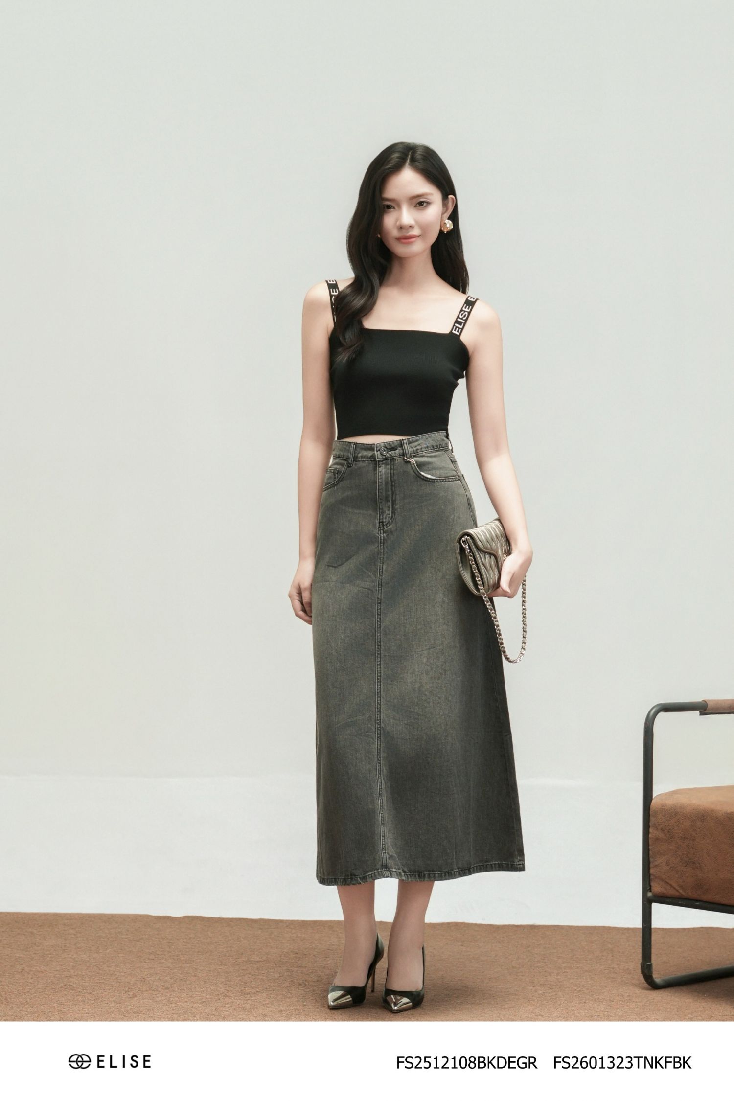 CHÂN VÁY DENIM GHI DÁNG A DÀI