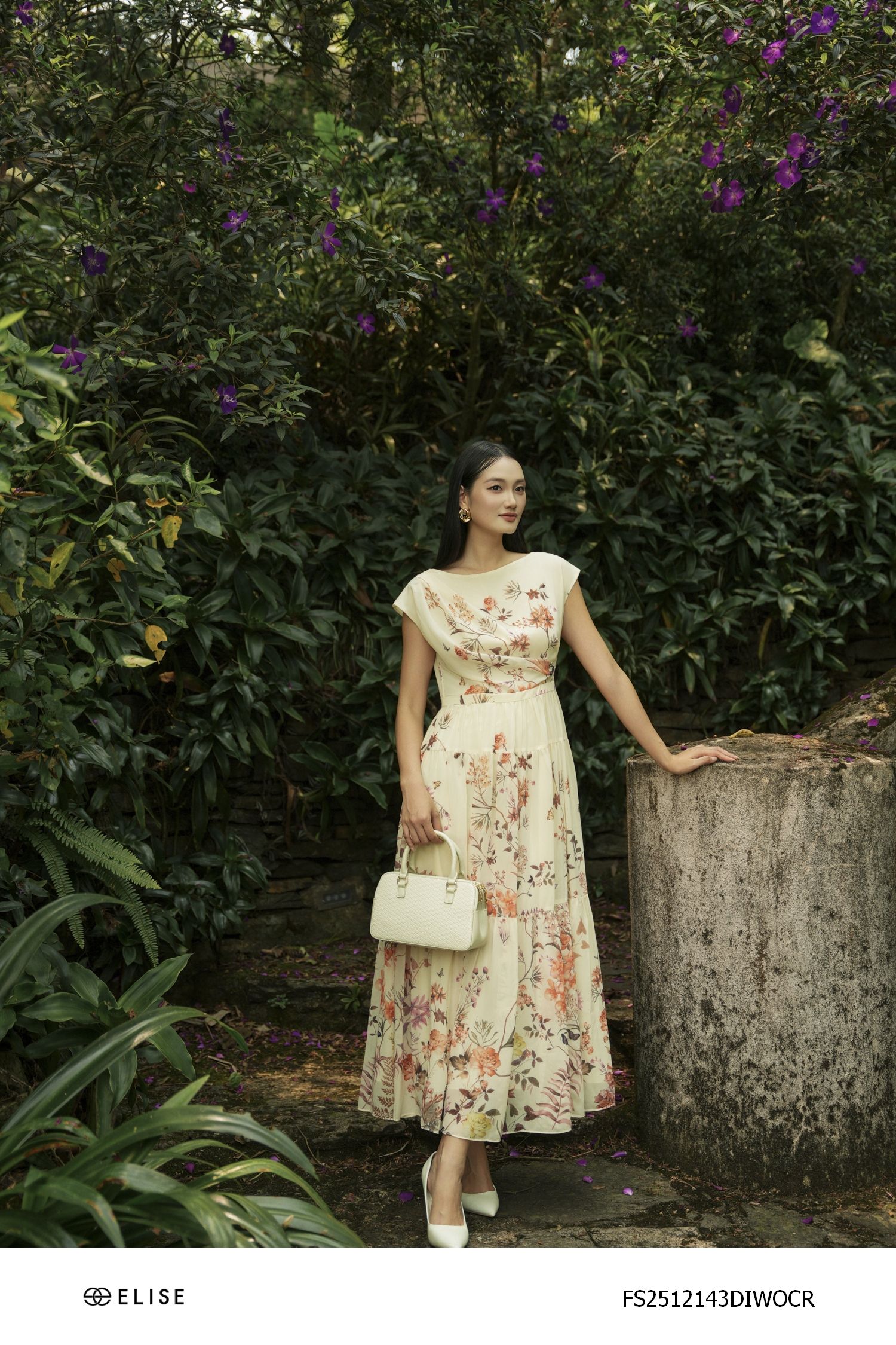 ĐẦM CHIFFON KEM HT HOA XẾP NHÚN VAI