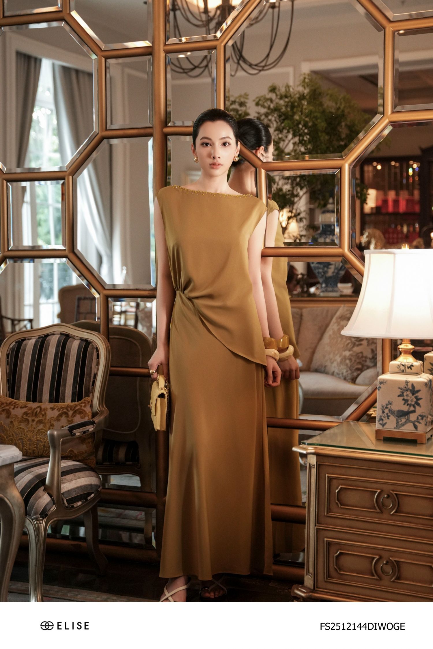 ĐẦM TUYTSY LỤA XANH OLIU VẠT CHÉO BÊN