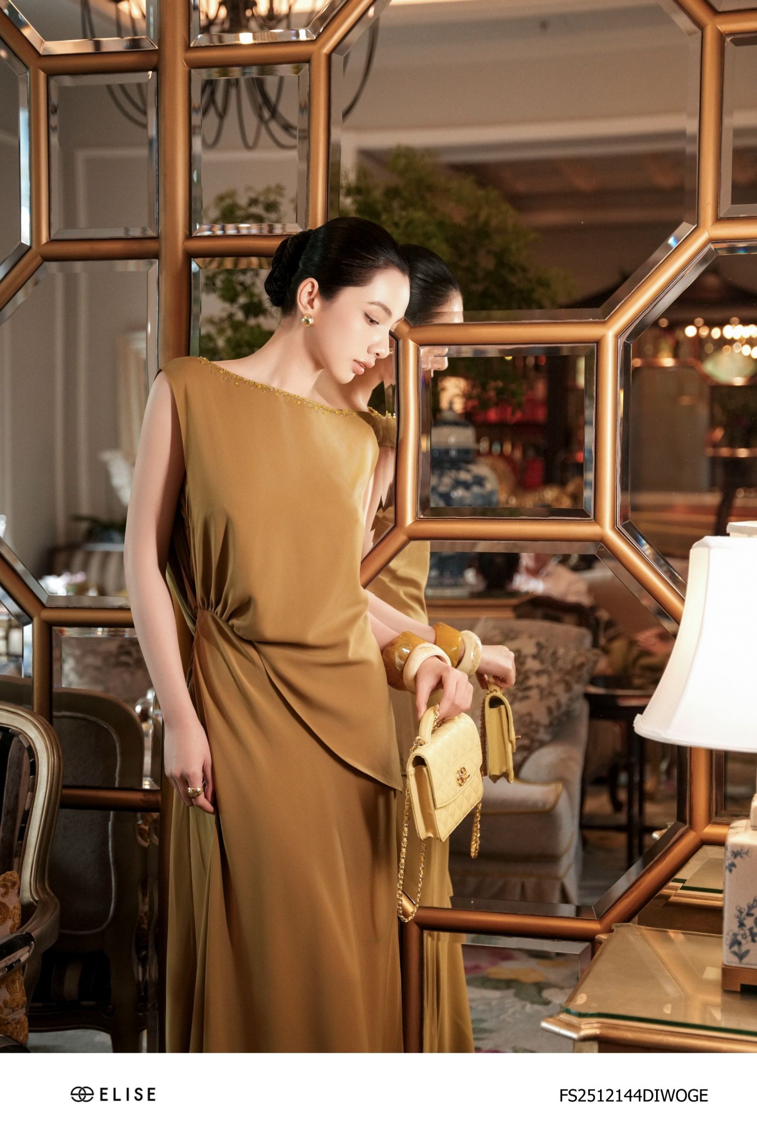 ĐẦM TUYTSY LỤA XANH OLIU VẠT CHÉO BÊN