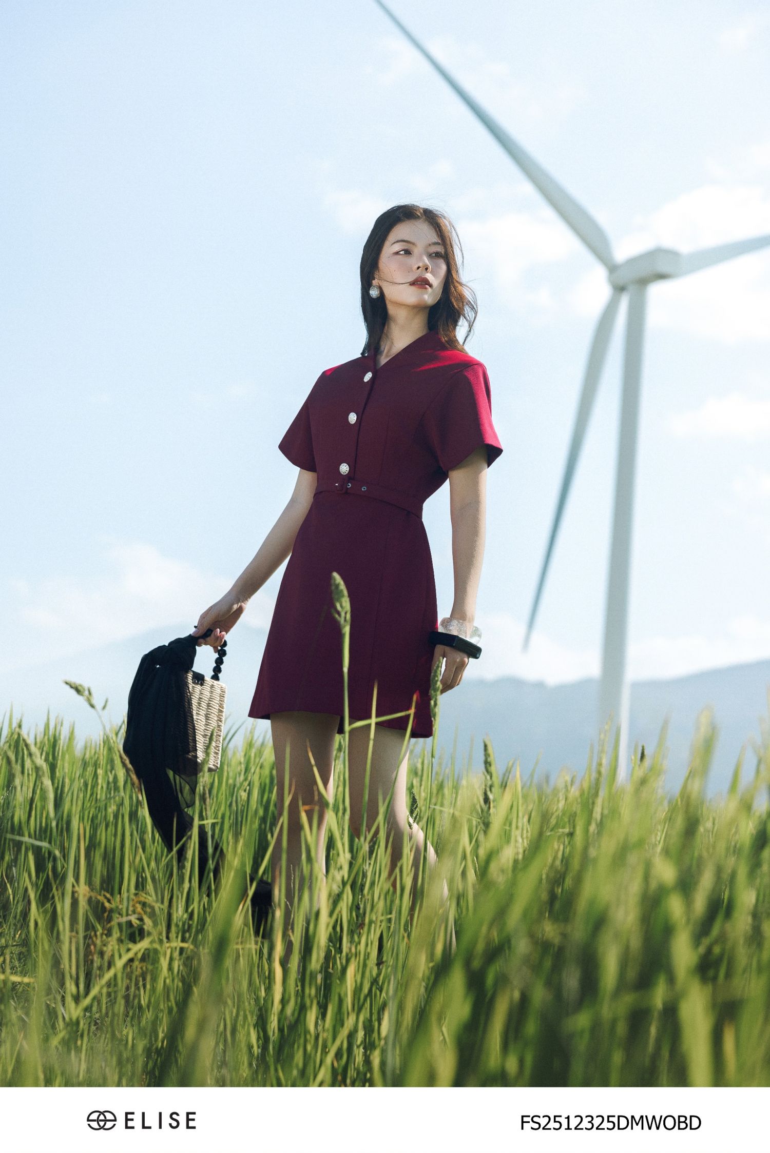ĐẦM ĐỎ NÂU CỔ CHÉO ĐAI EO