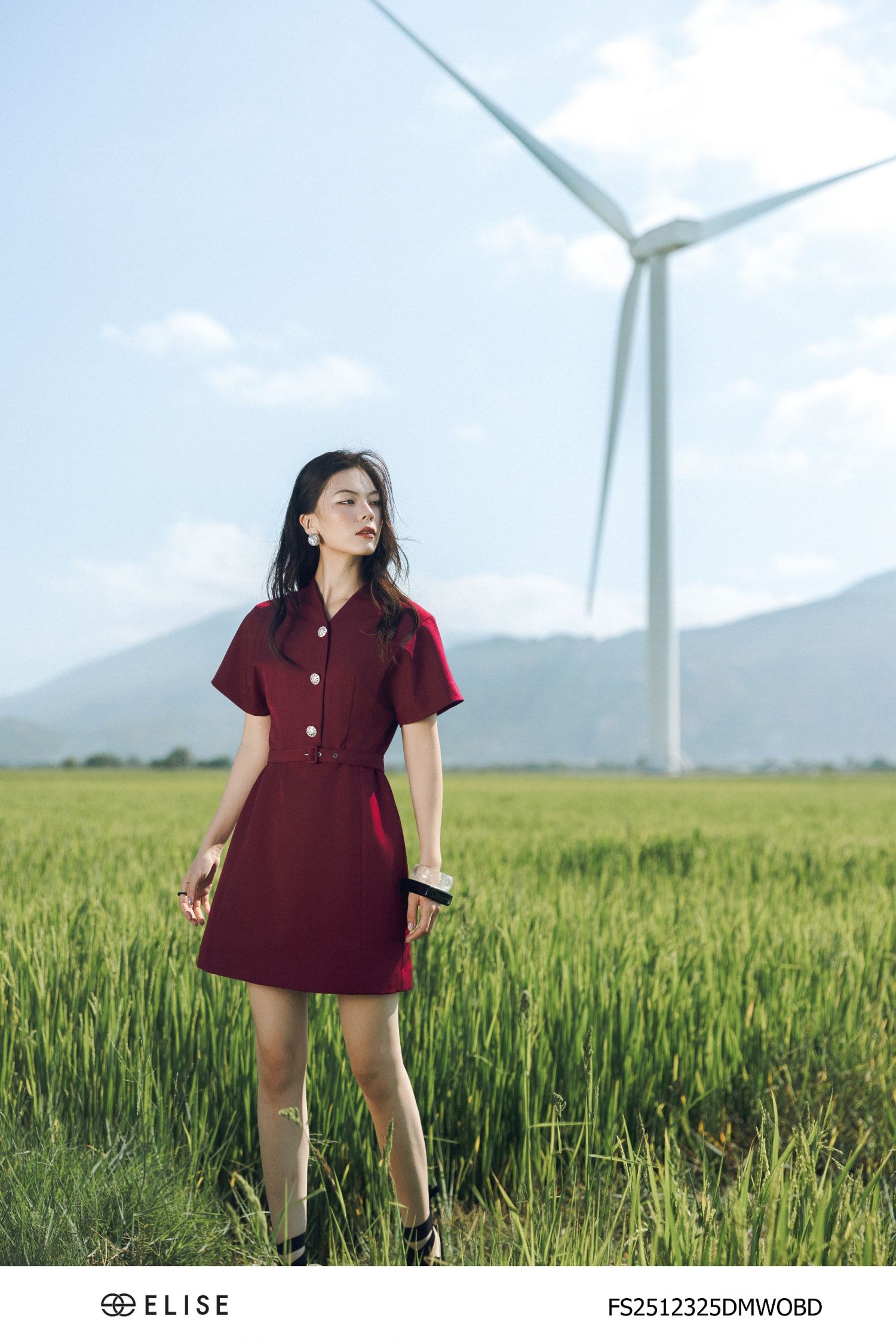 ĐẦM ĐỎ NÂU CỔ CHÉO ĐAI EO