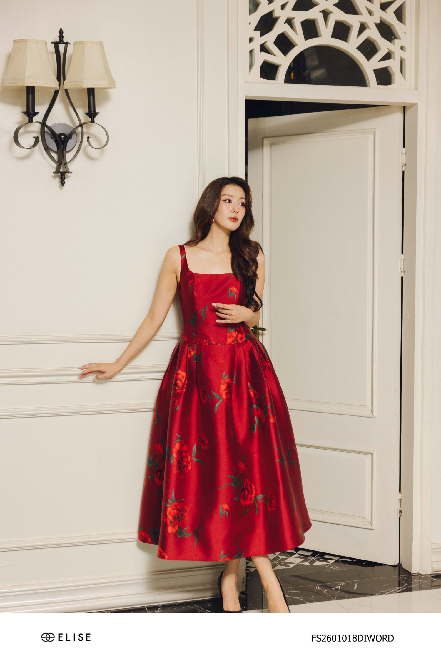 ĐẦM TAFTA ĐỎ SẪM HT HOA ĐAI EO