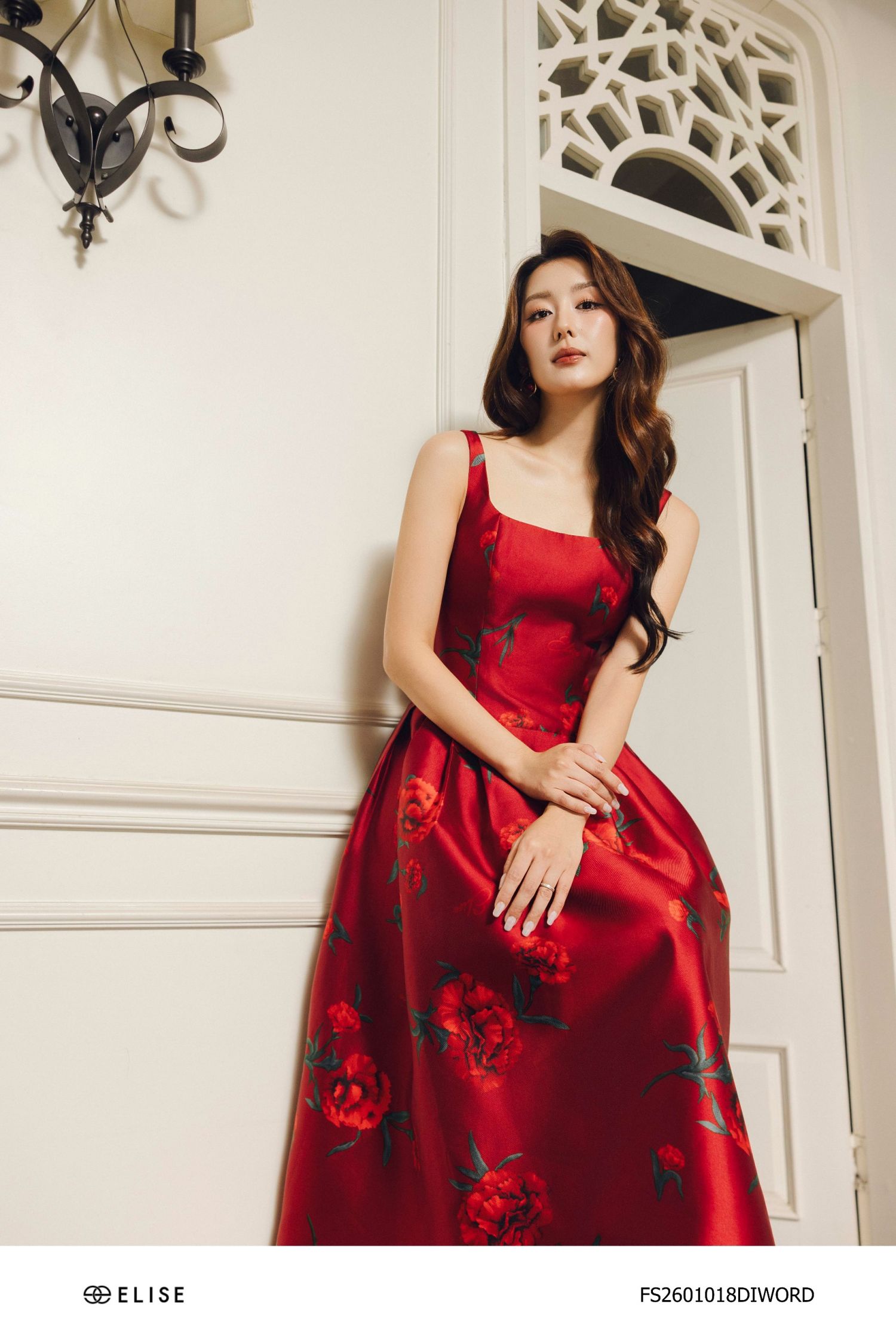 ĐẦM TAFTA ĐỎ SẪM HT HOA ĐAI EO