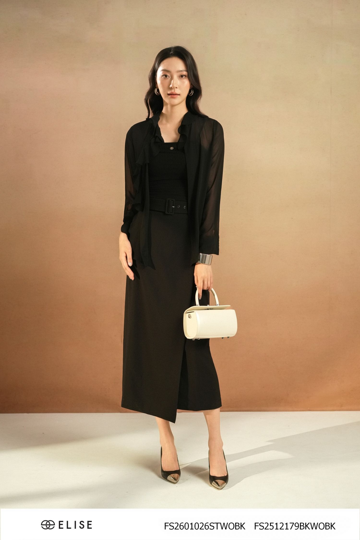 SET SƠ MI CHIFFON ĐEN BÈO CỔ