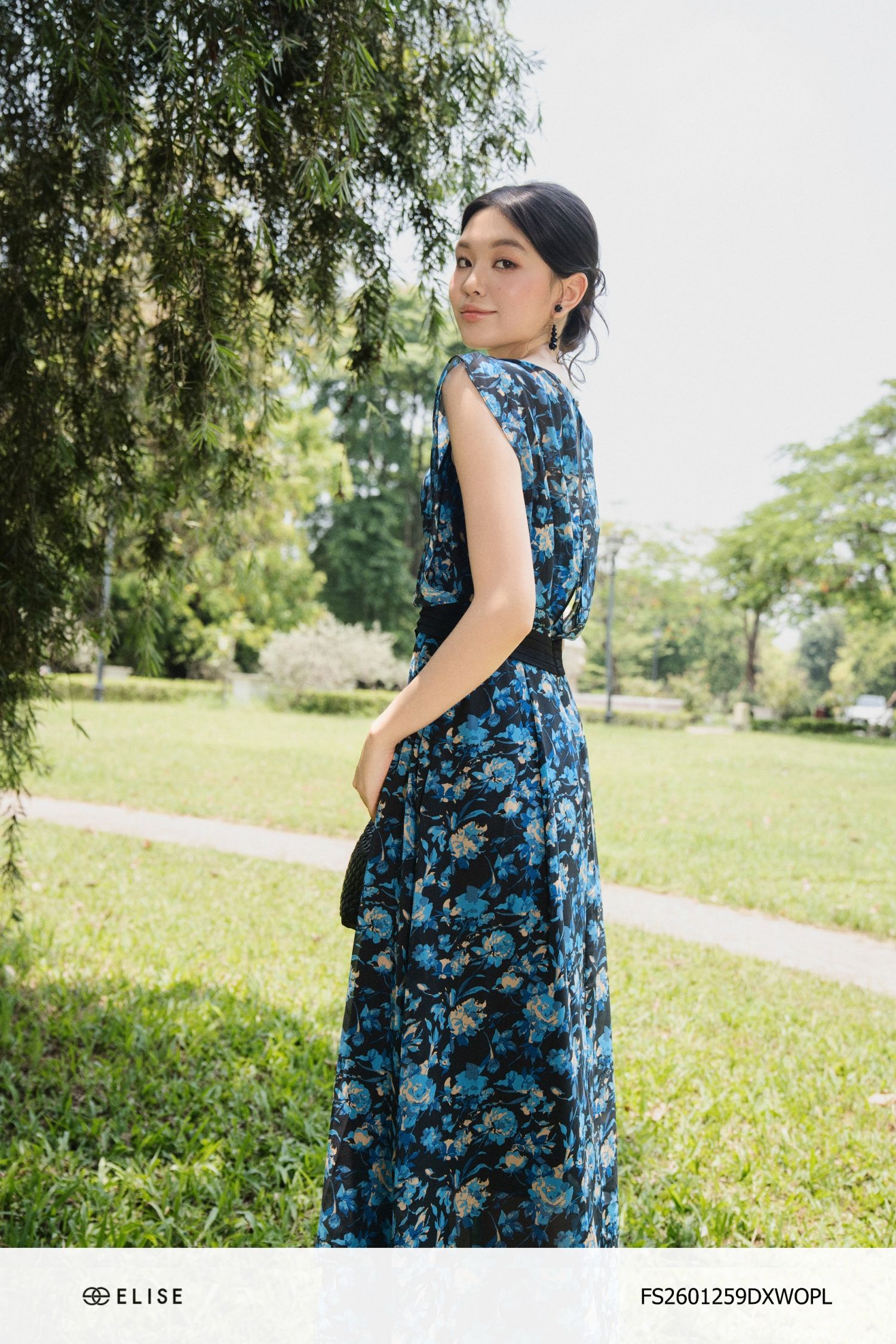 ĐẦM CHIFFON HT HOA XANH PHỐI EO