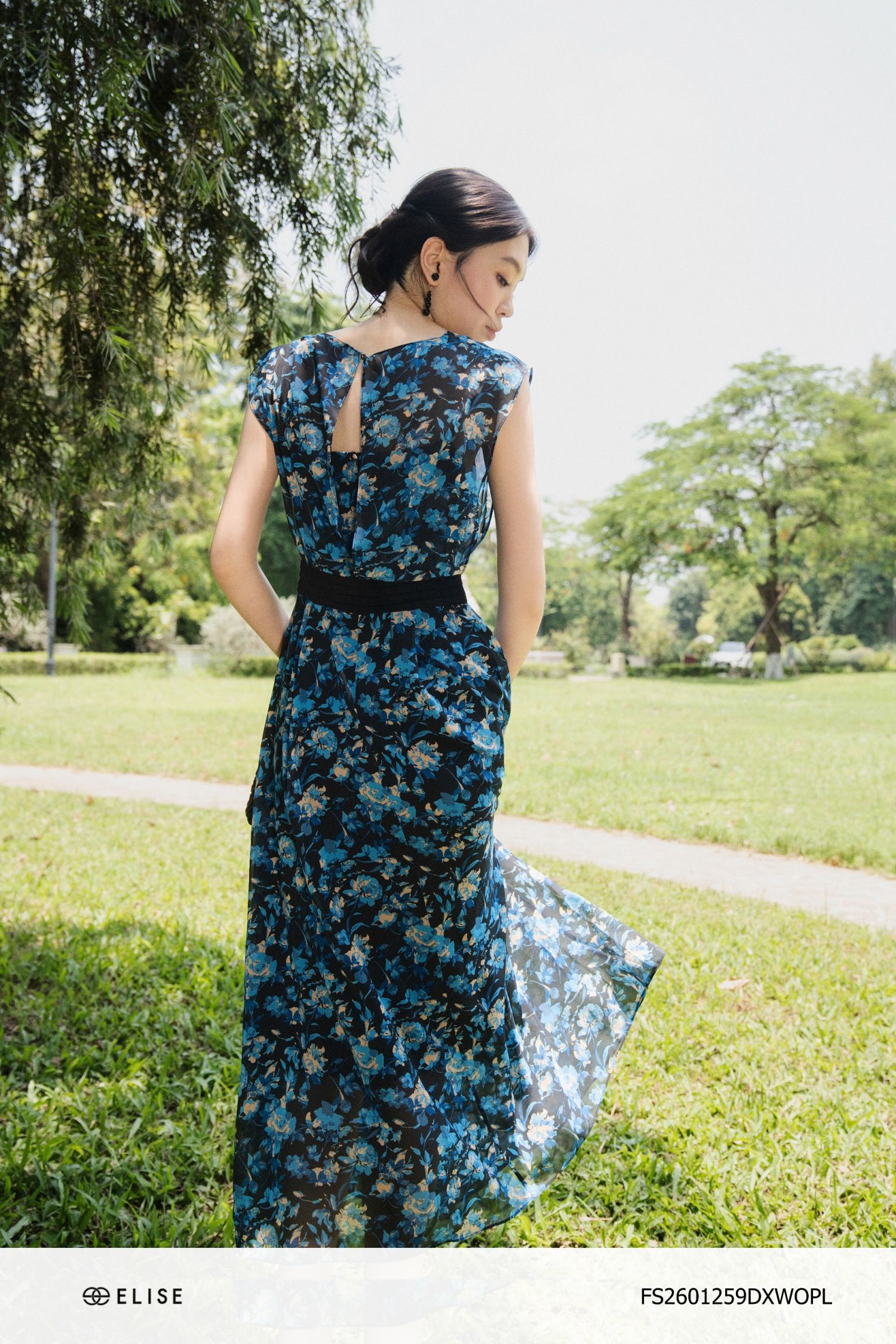 ĐẦM CHIFFON HT HOA XANH PHỐI EO
