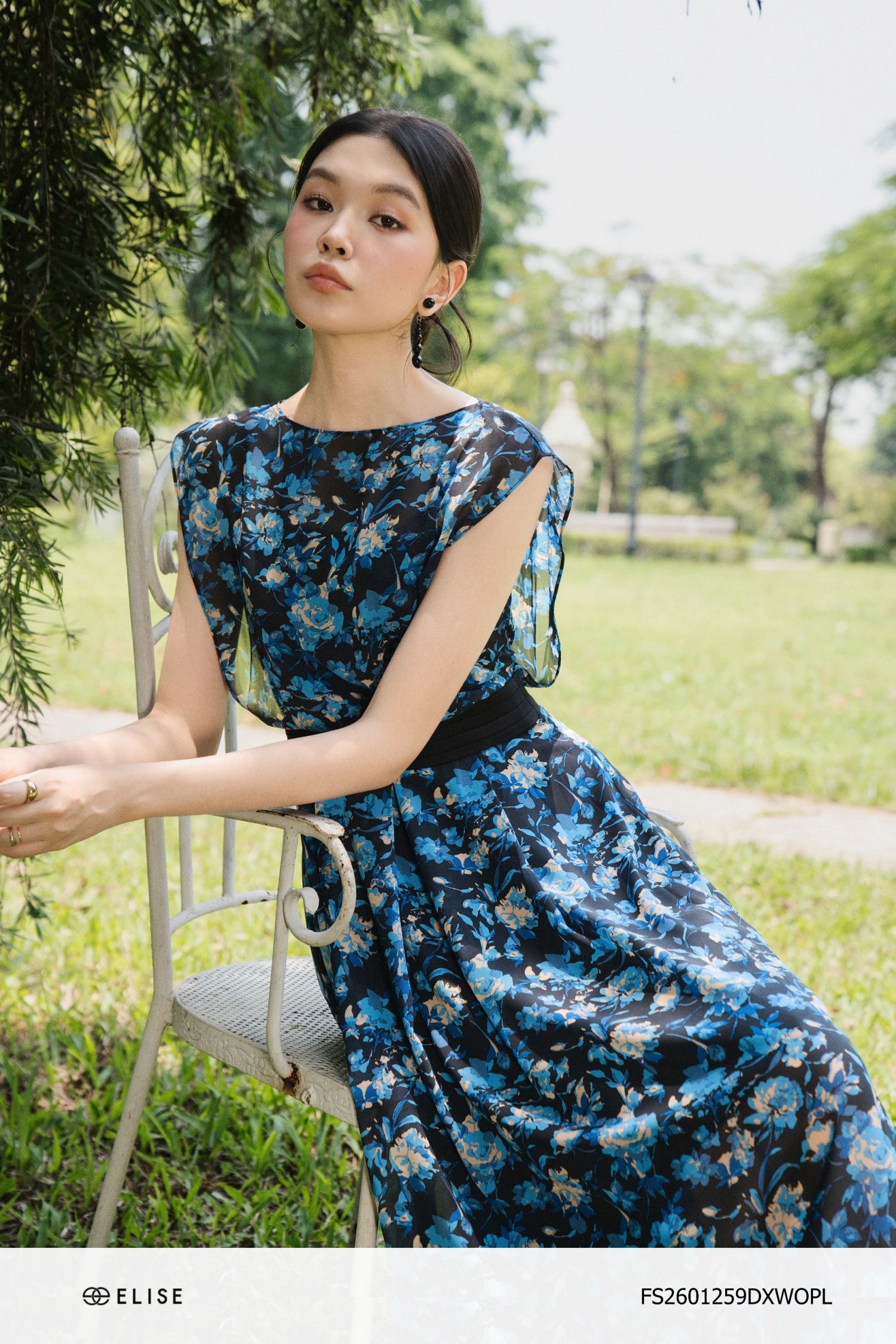 ĐẦM CHIFFON HT HOA XANH PHỐI EO