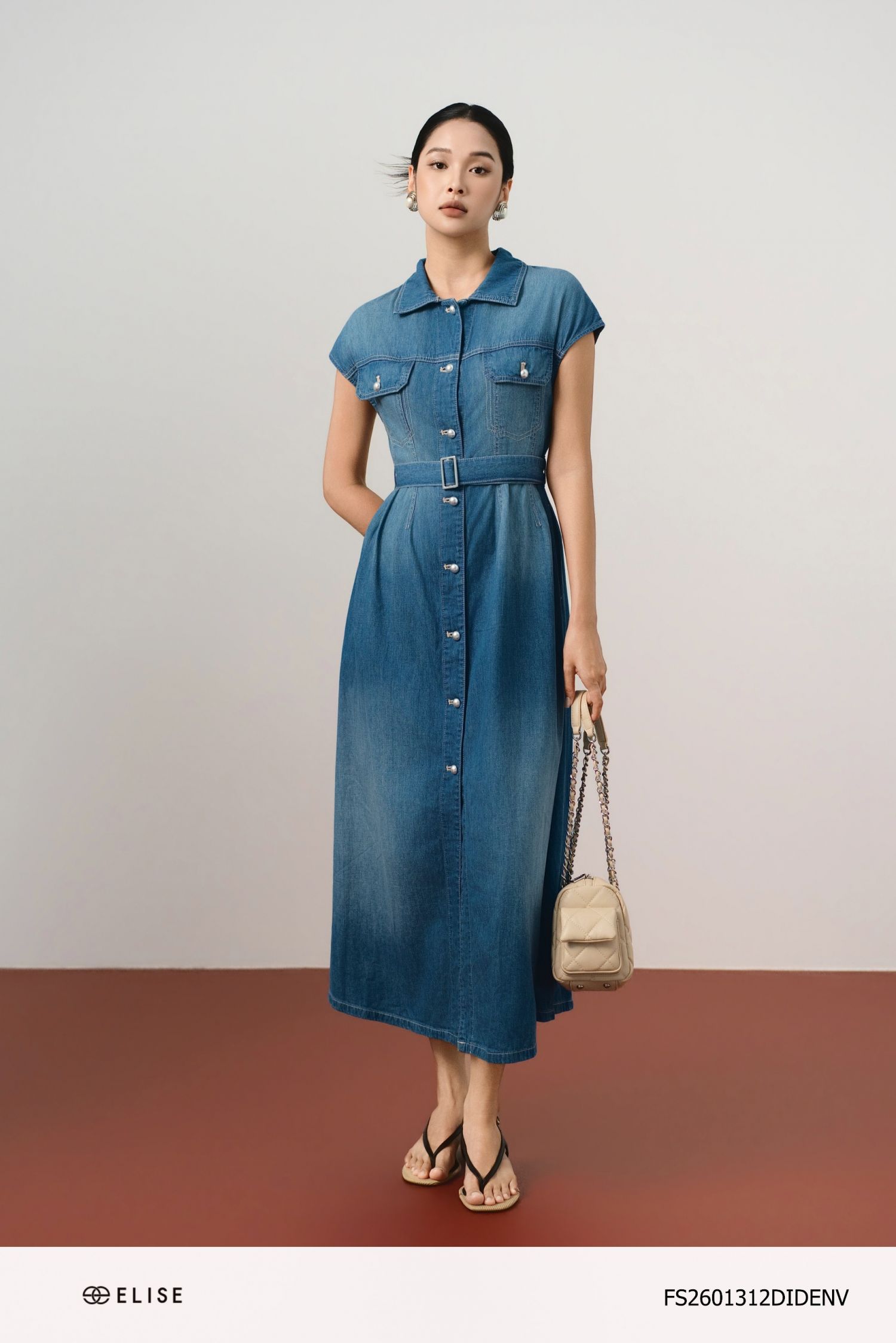 ĐẦM DENIM XANH ĐAI EO