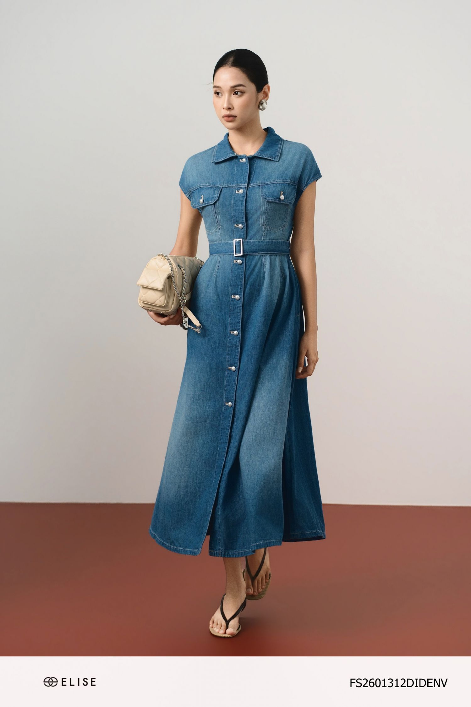 ĐẦM DENIM XANH ĐAI EO