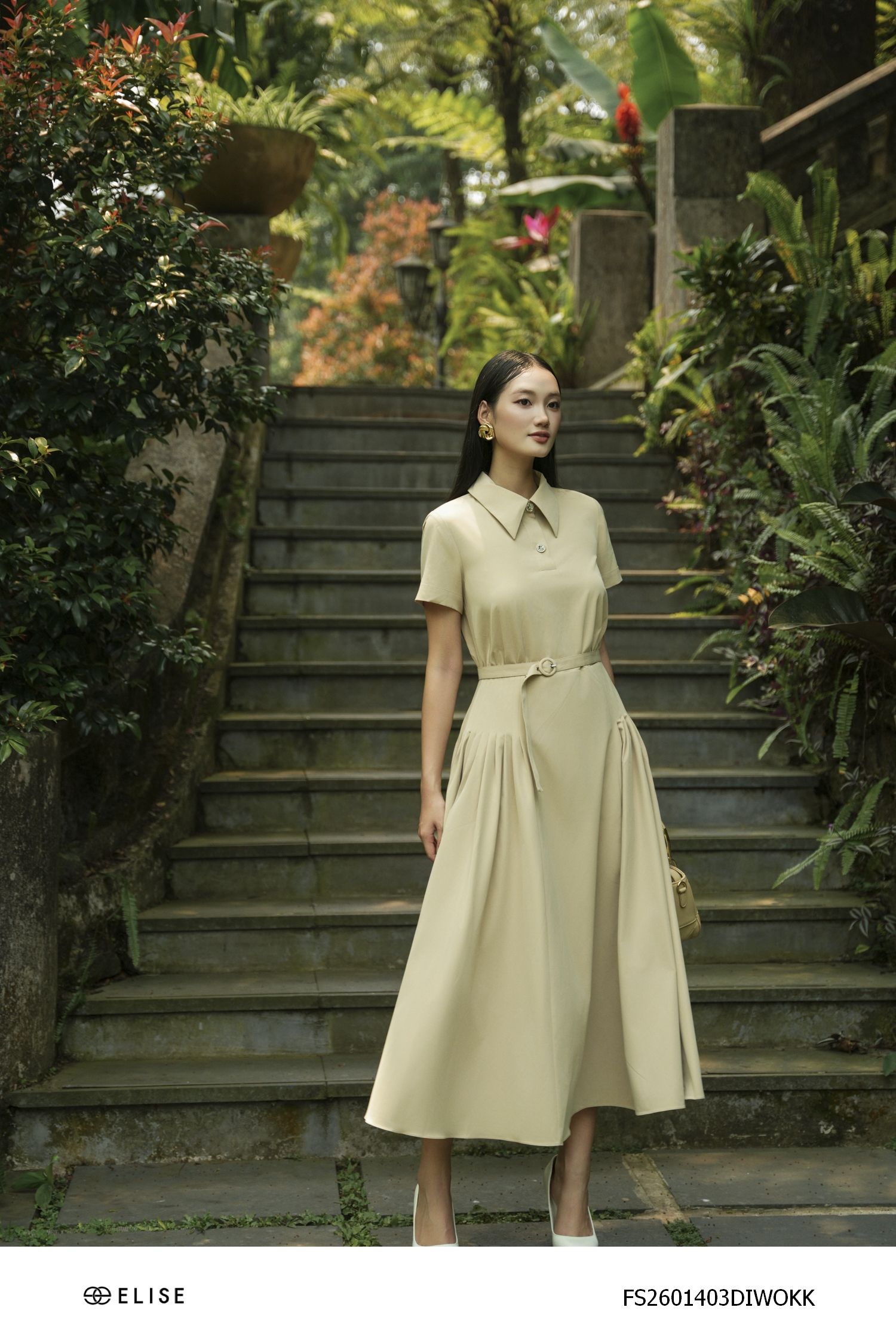 ĐẦM KAKI BE XẾP NHÚN LY ĐAI EO