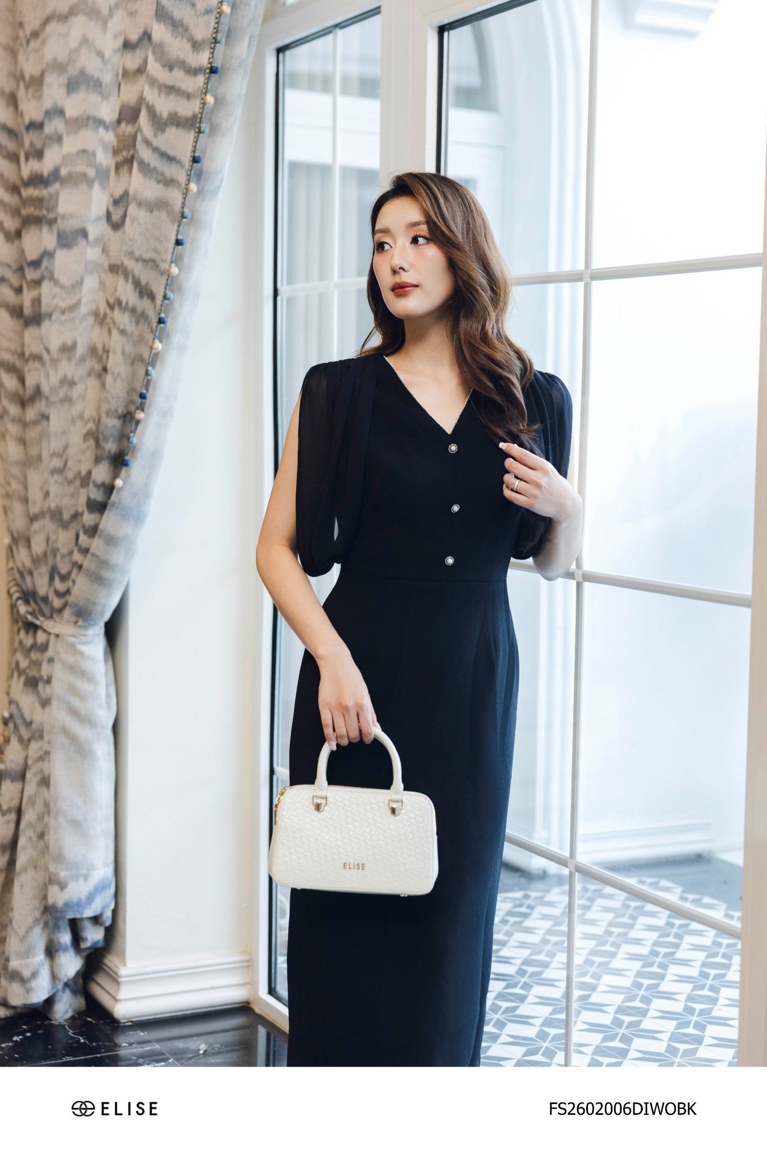 ĐẦM ĐEN ĐAI EO PHỐI VAI CHIFFON