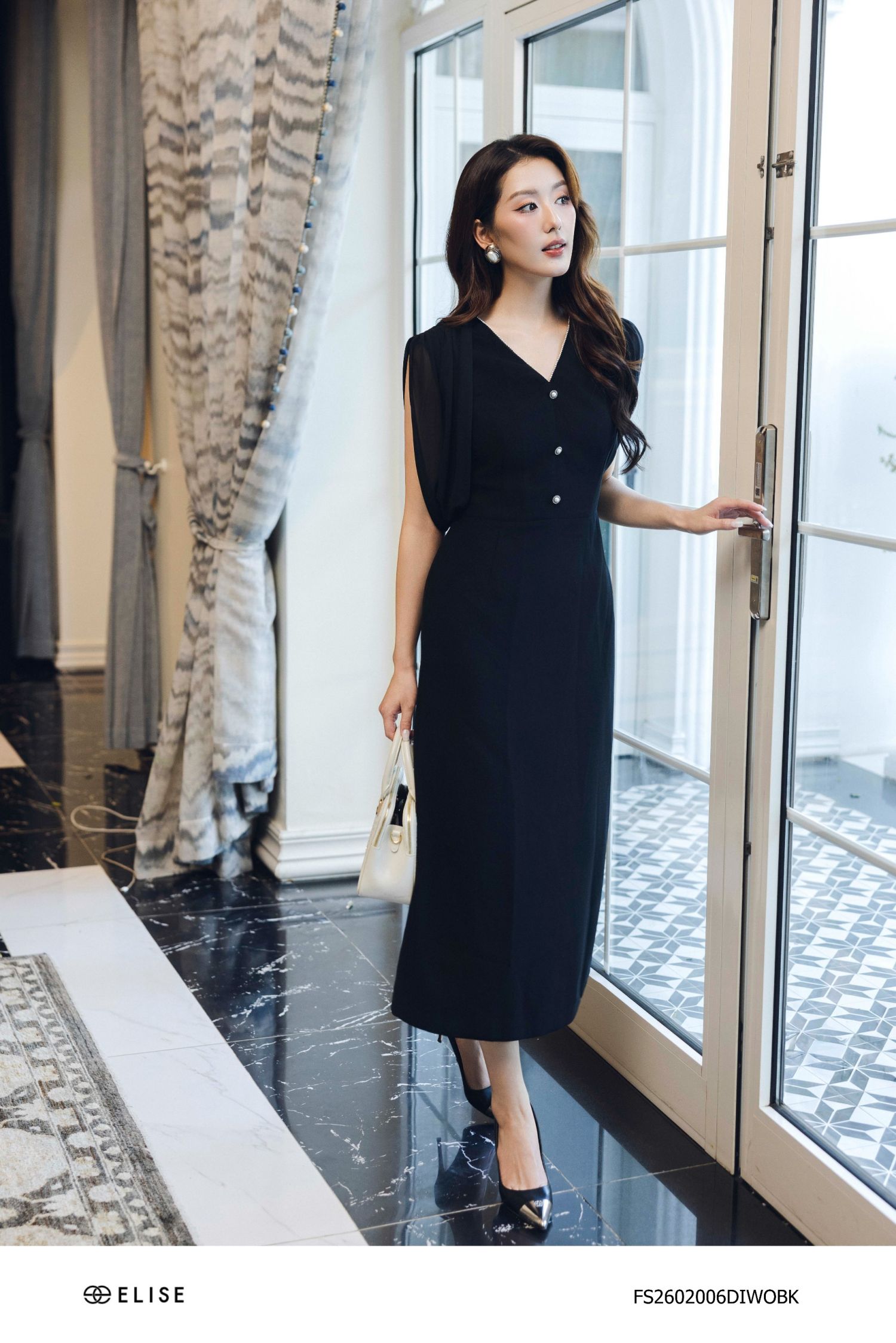 ĐẦM ĐEN ĐAI EO PHỐI VAI CHIFFON