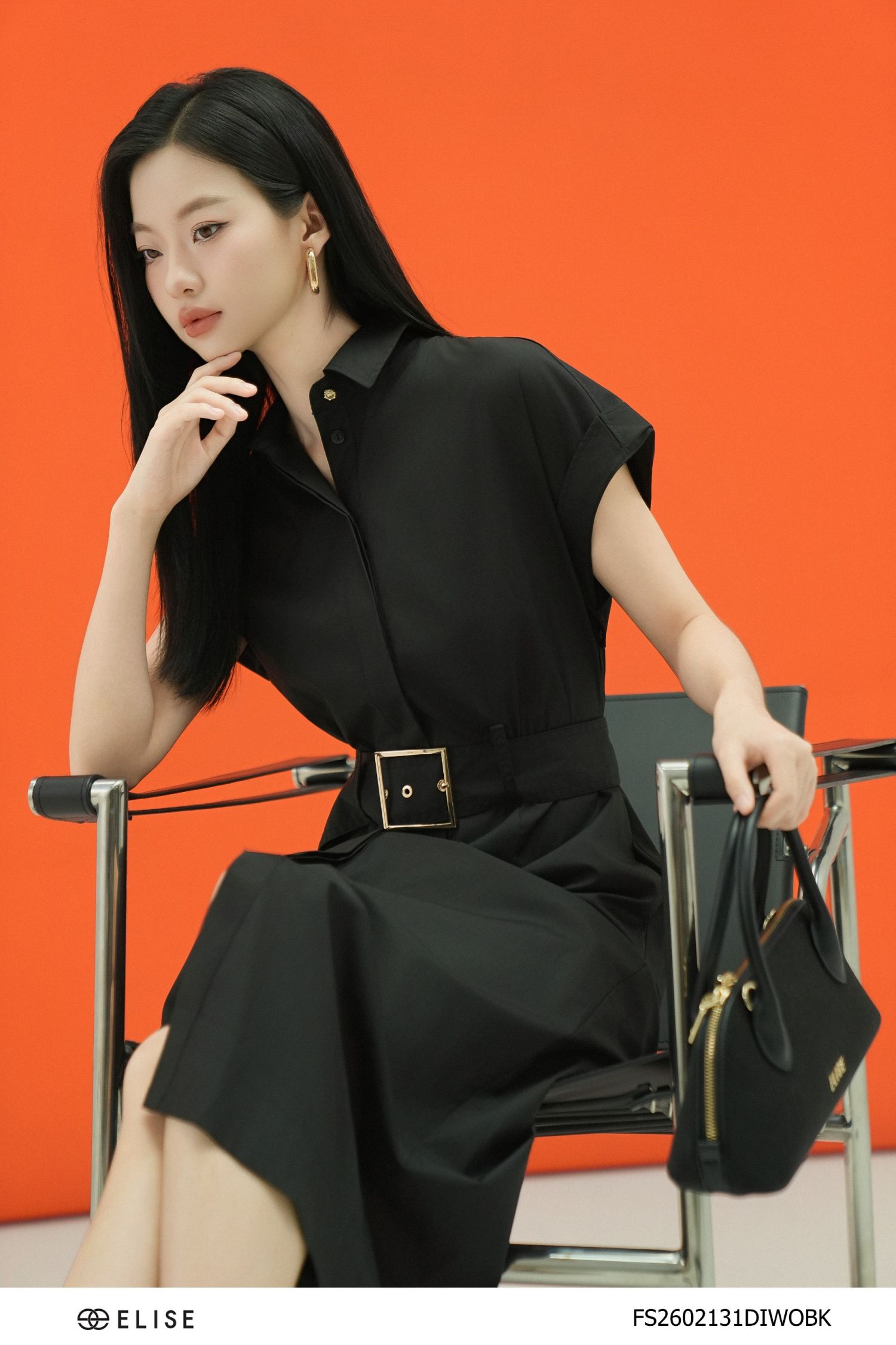 ĐẦM THÔ ĐEN TAY LẬT ĐAI EO