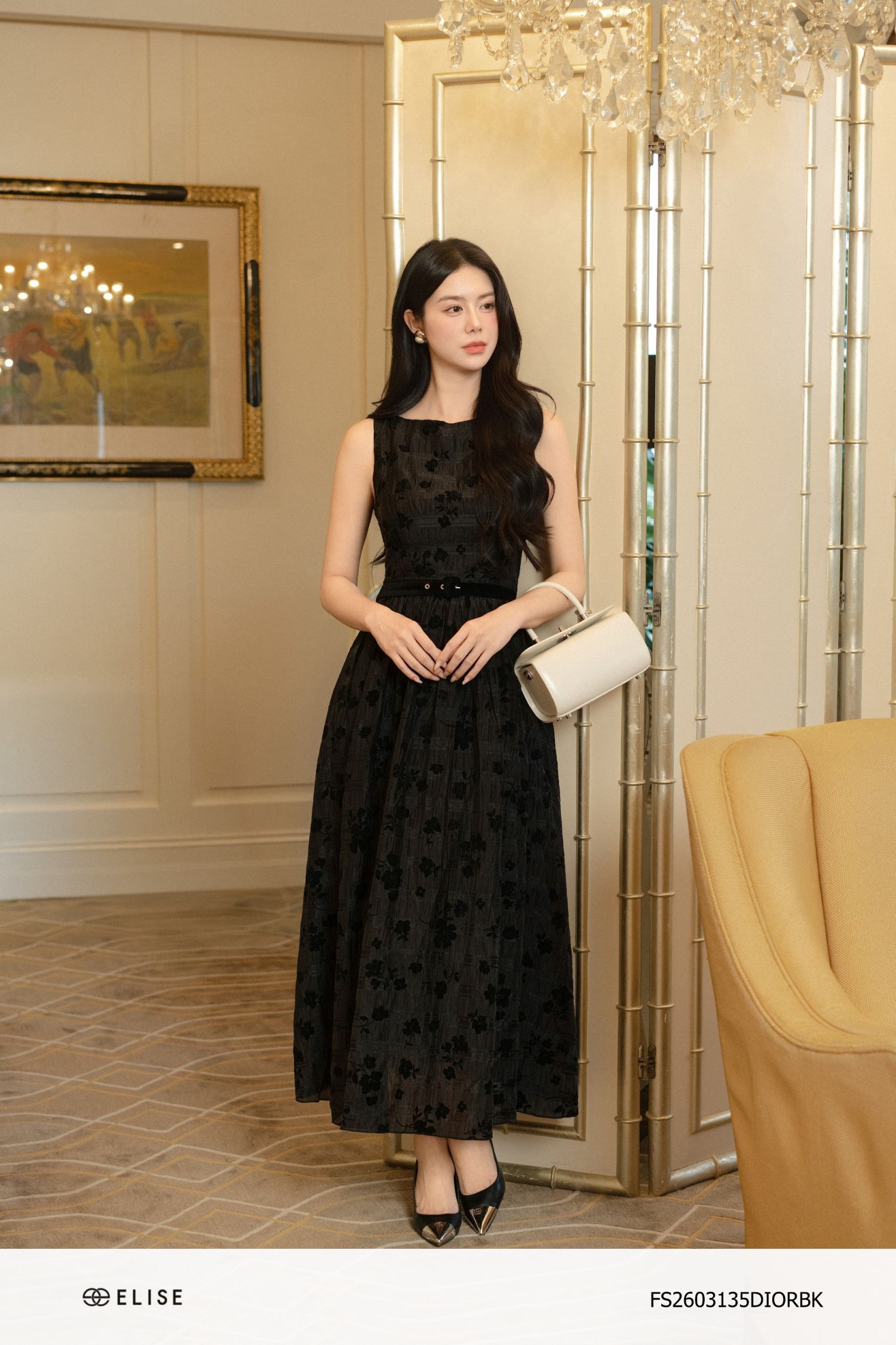 ĐẦM TƠ ĐEN VÂN HOA NHUNG NỔI