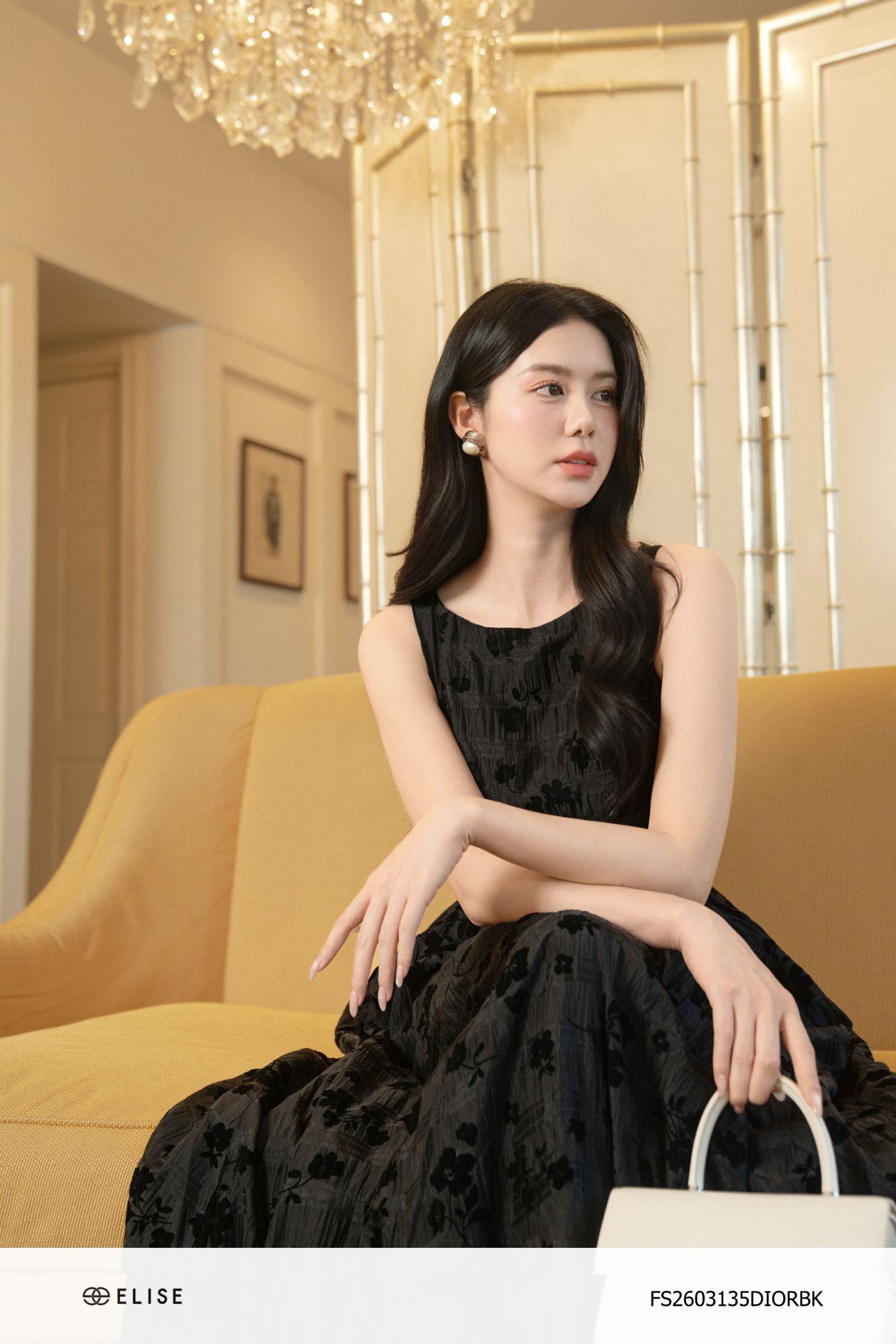 ĐẦM TƠ ĐEN VÂN HOA NHUNG NỔI