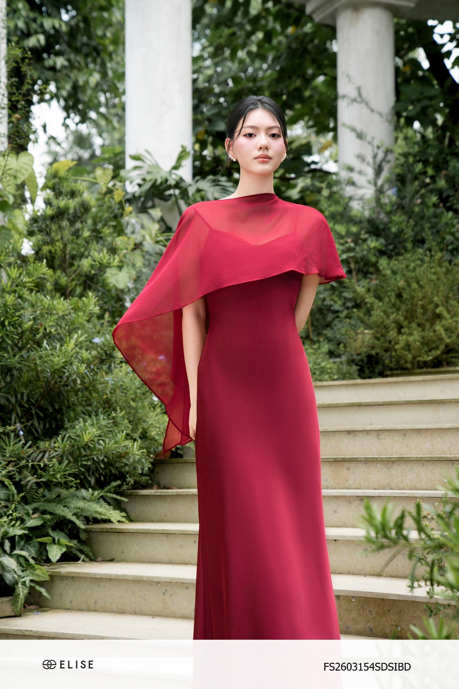 SET ĐẦM LỤA ĐỎ SẪM KÈM CHOÀNG CAPE