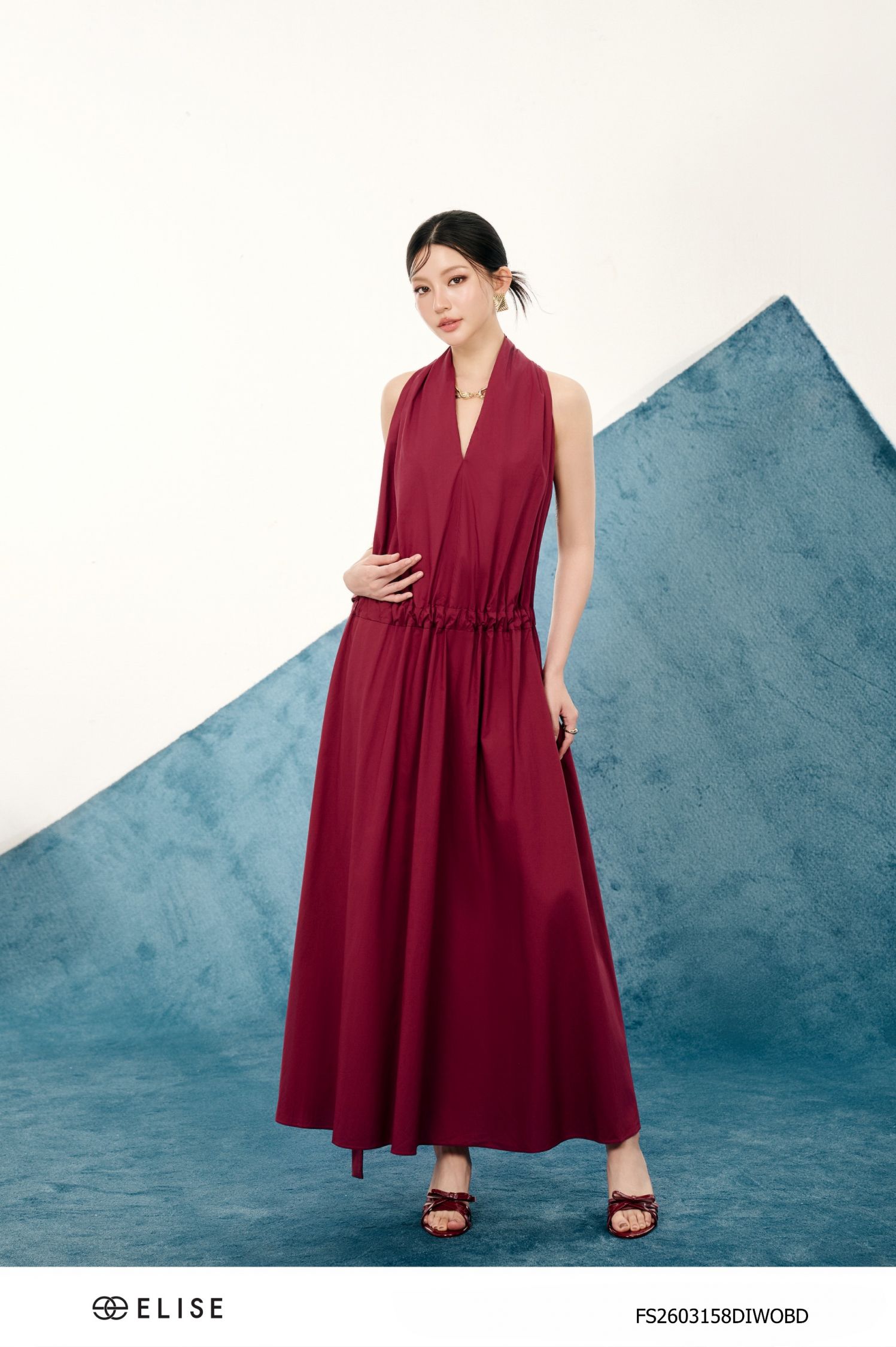 ĐẦM THÔ BURGUNDY CỔ YẾM XẾP LY