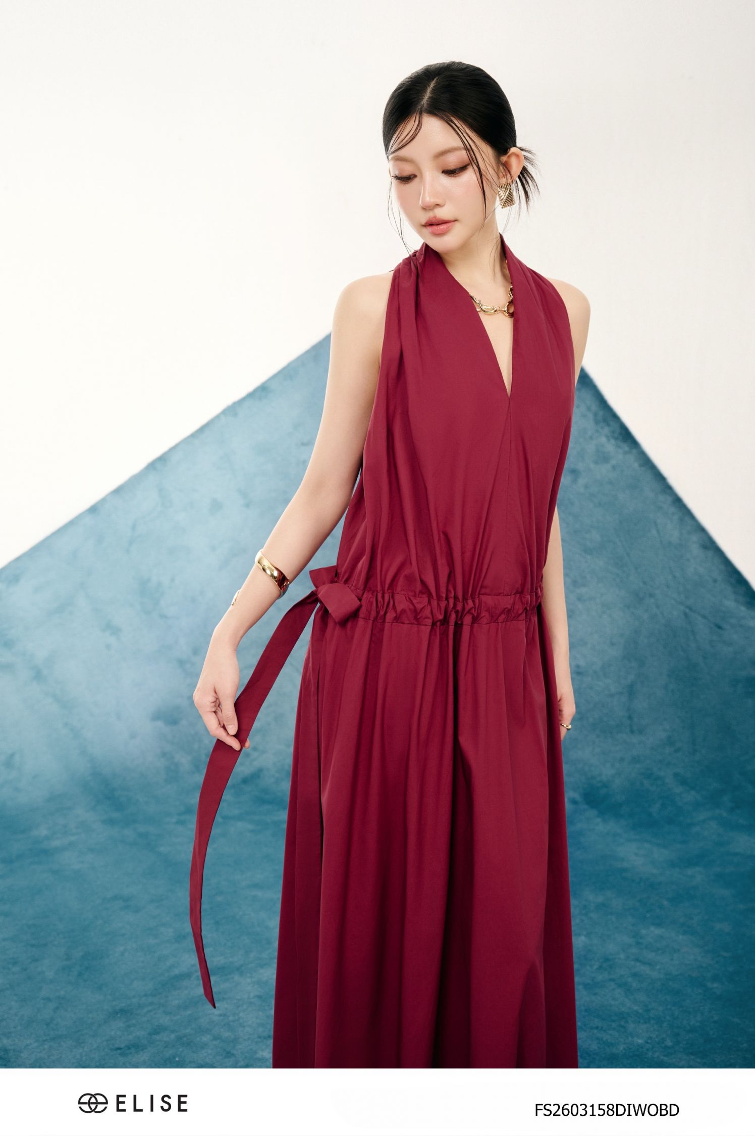 ĐẦM THÔ BURGUNDY CỔ YẾM XẾP LY