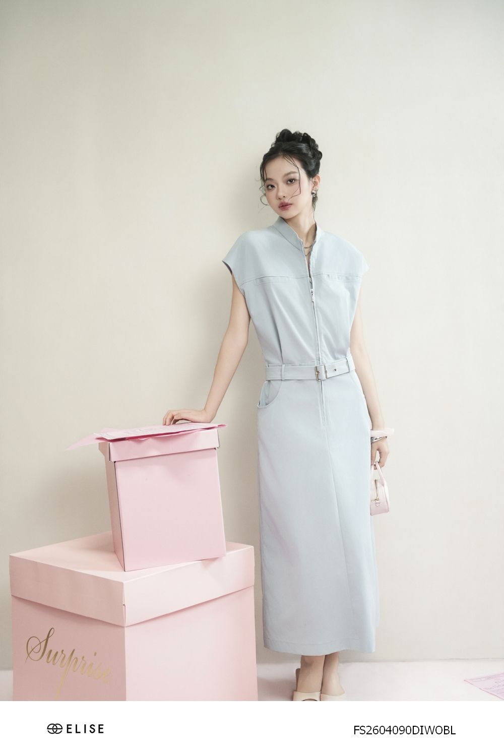 ĐẦM XANH GHI ĐAI EO KHÓA TRƯỚC