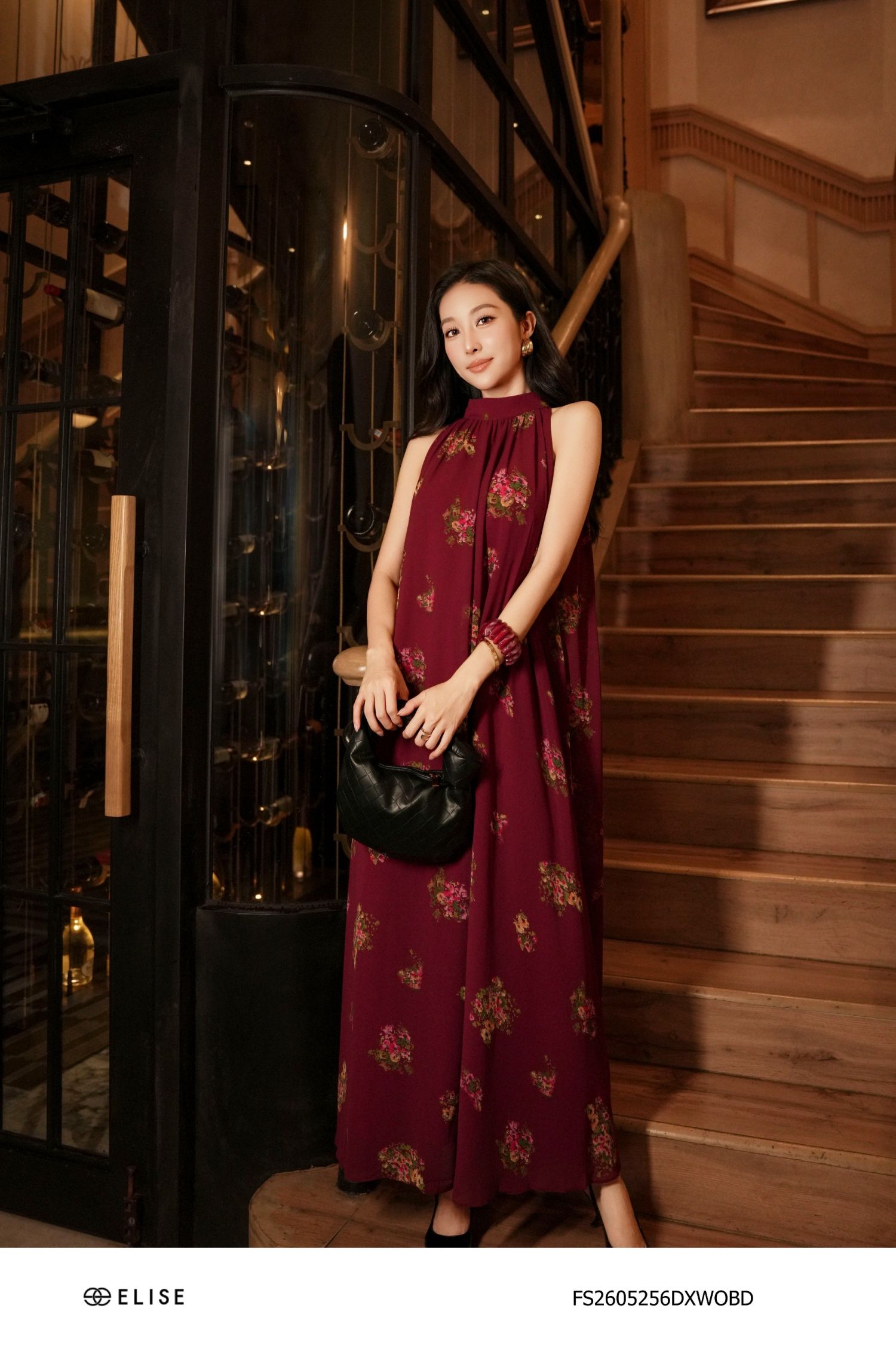 ĐẦM MAXI ĐỎ RƯỢU HT HOA NHÍ