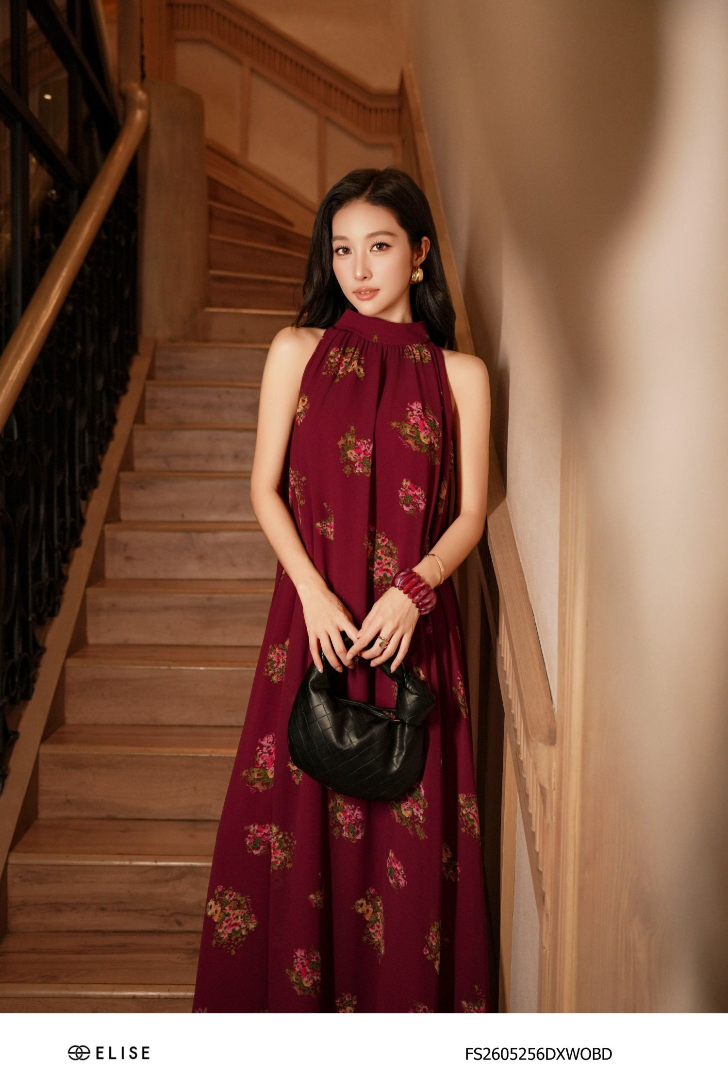 ĐẦM MAXI ĐỎ RƯỢU HT HOA NHÍ