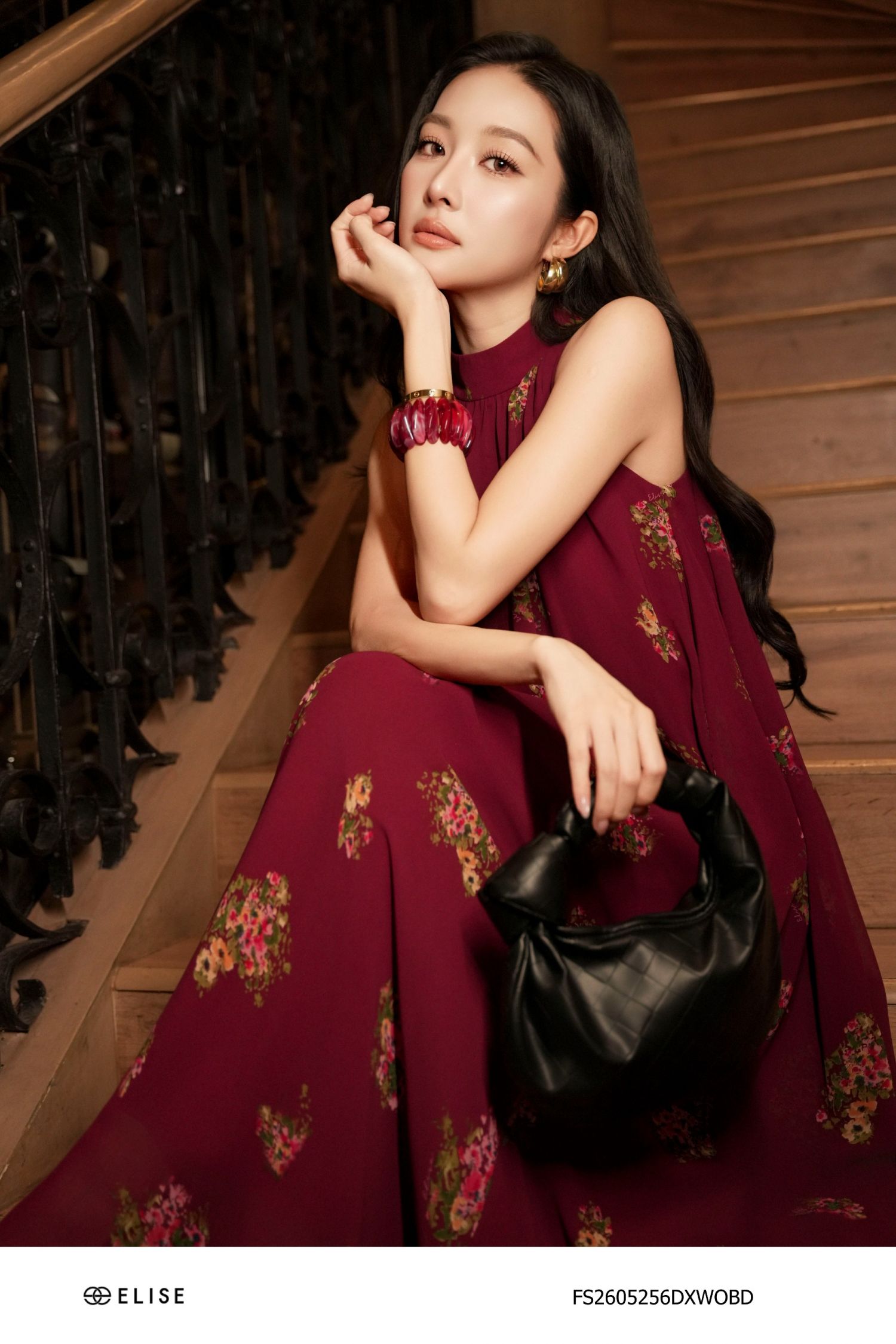 ĐẦM MAXI ĐỎ RƯỢU HT HOA NHÍ