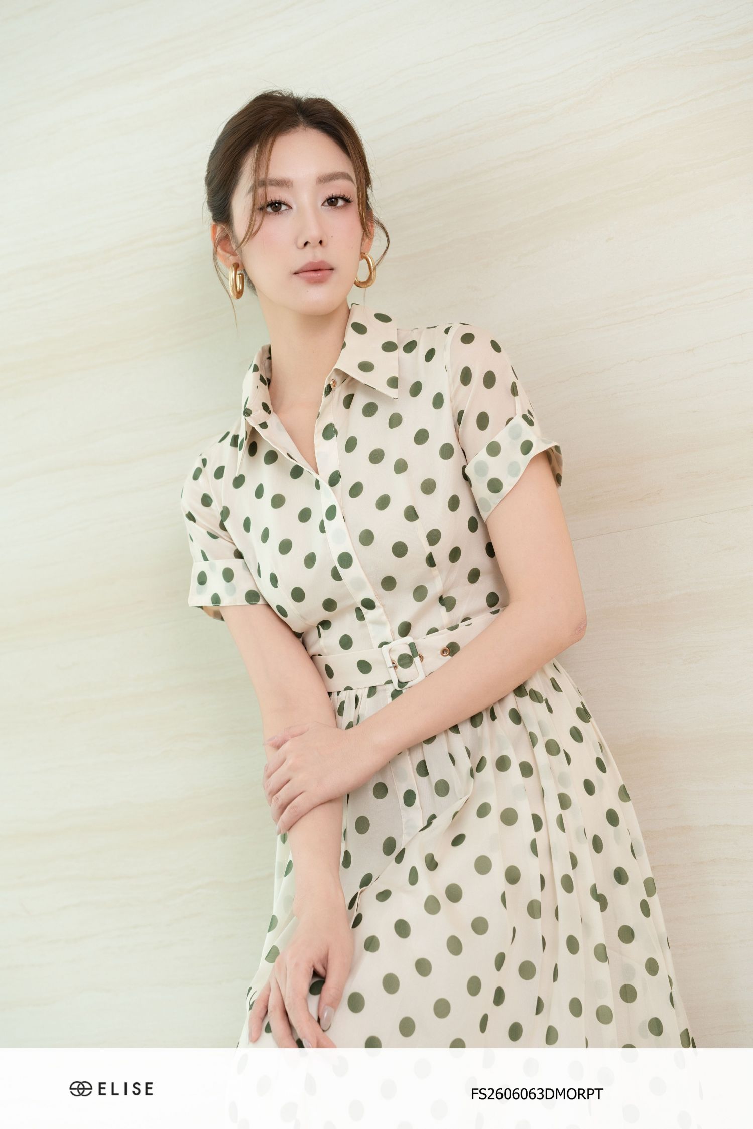 ĐẦM TƠ CHẤM BI XANH ĐAI EO