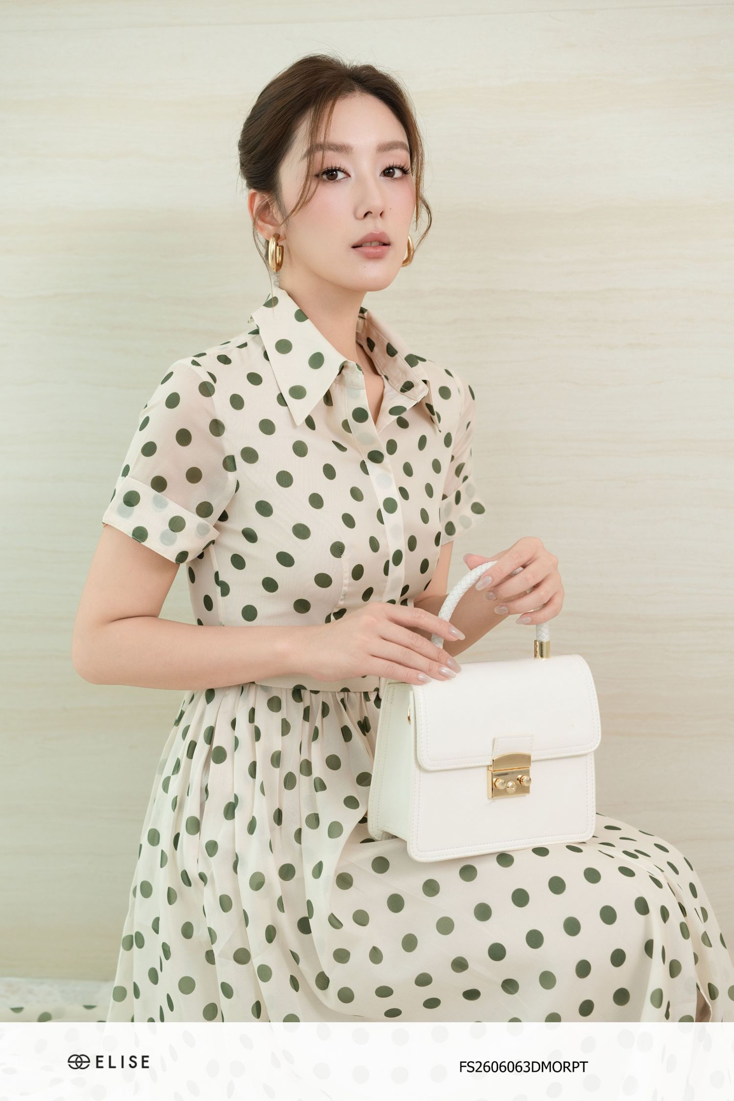 ĐẦM TƠ CHẤM BI XANH ĐAI EO