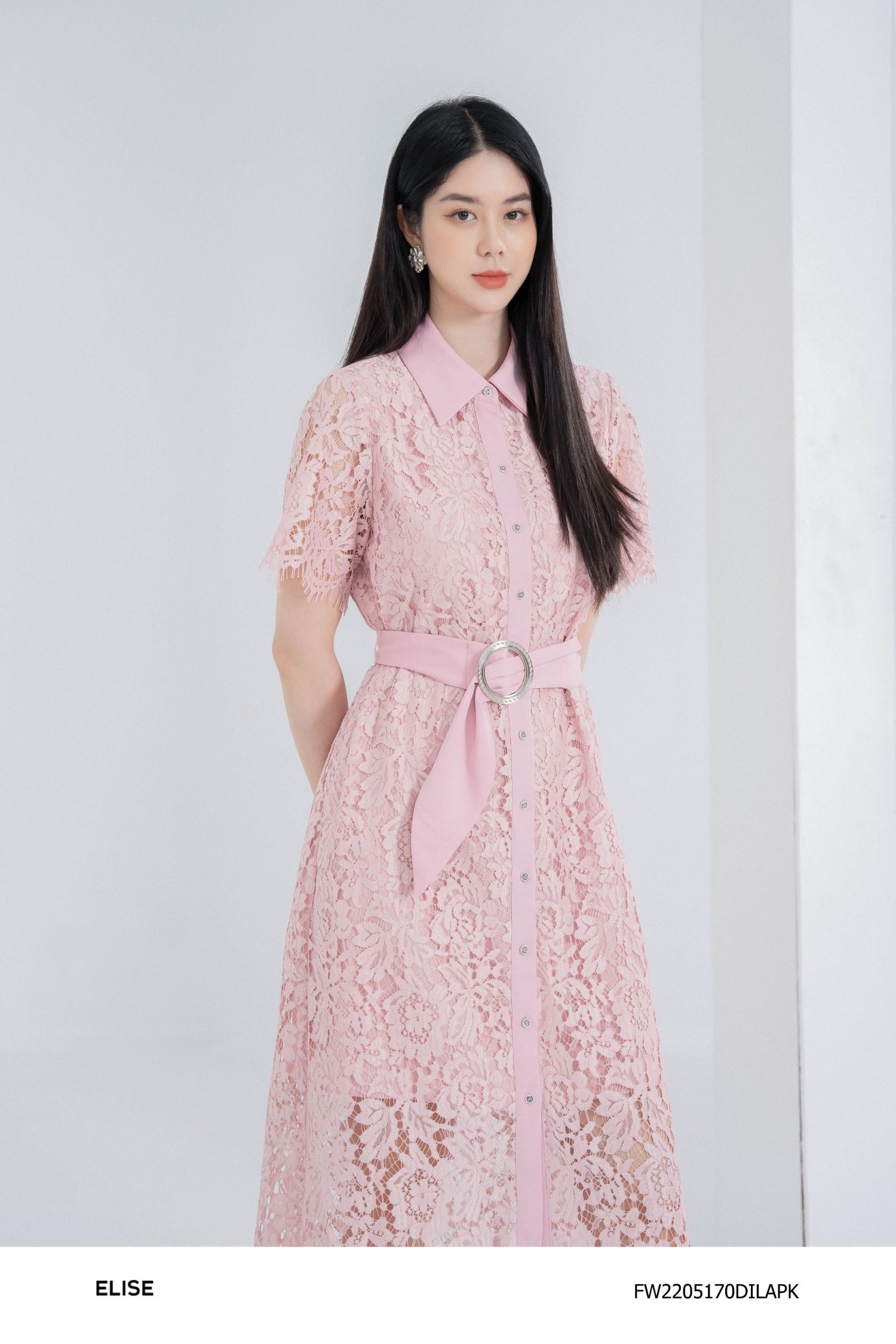 ĐẦM REN HỒNG ĐAI EO