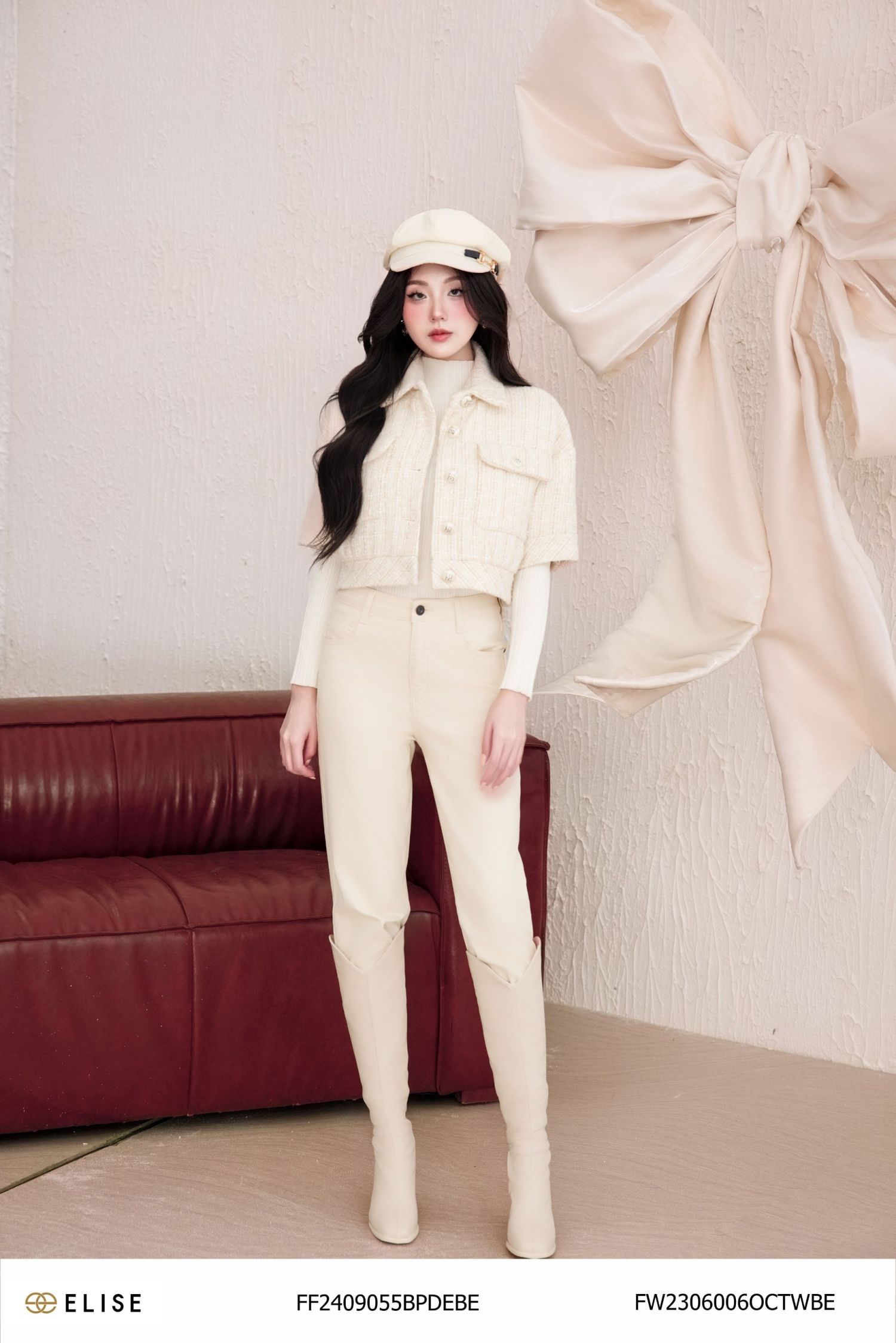 ÁO KHOÁC DẠ TWEED SỌC TRẮNG BE TÚI ỐP