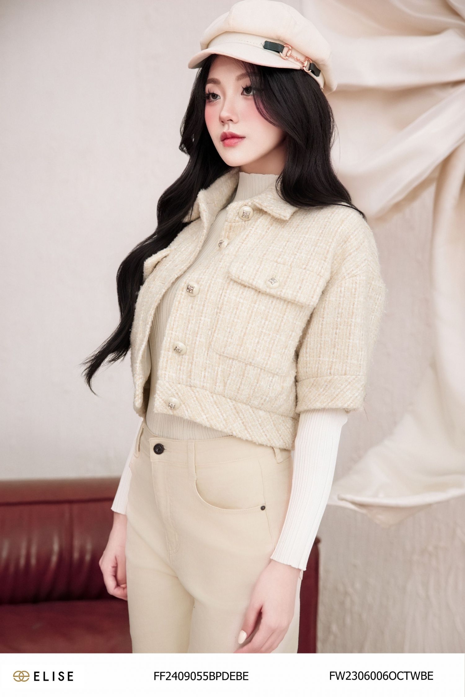 ÁO KHOÁC DẠ TWEED SỌC TRẮNG BE TÚI ỐP