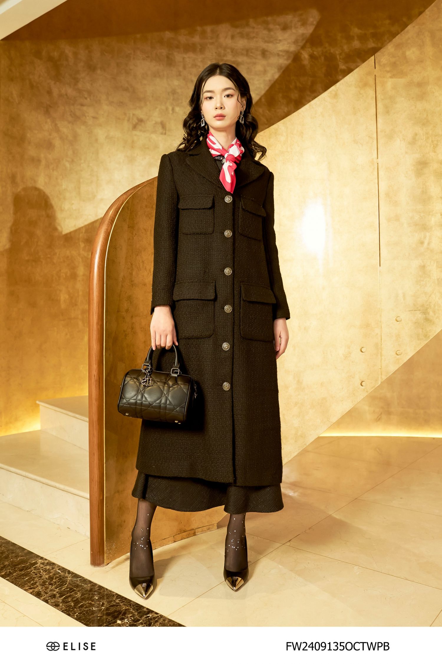 MĂNG TÔ DẠ TWEED SỢI ĐEN ỐP TÚI