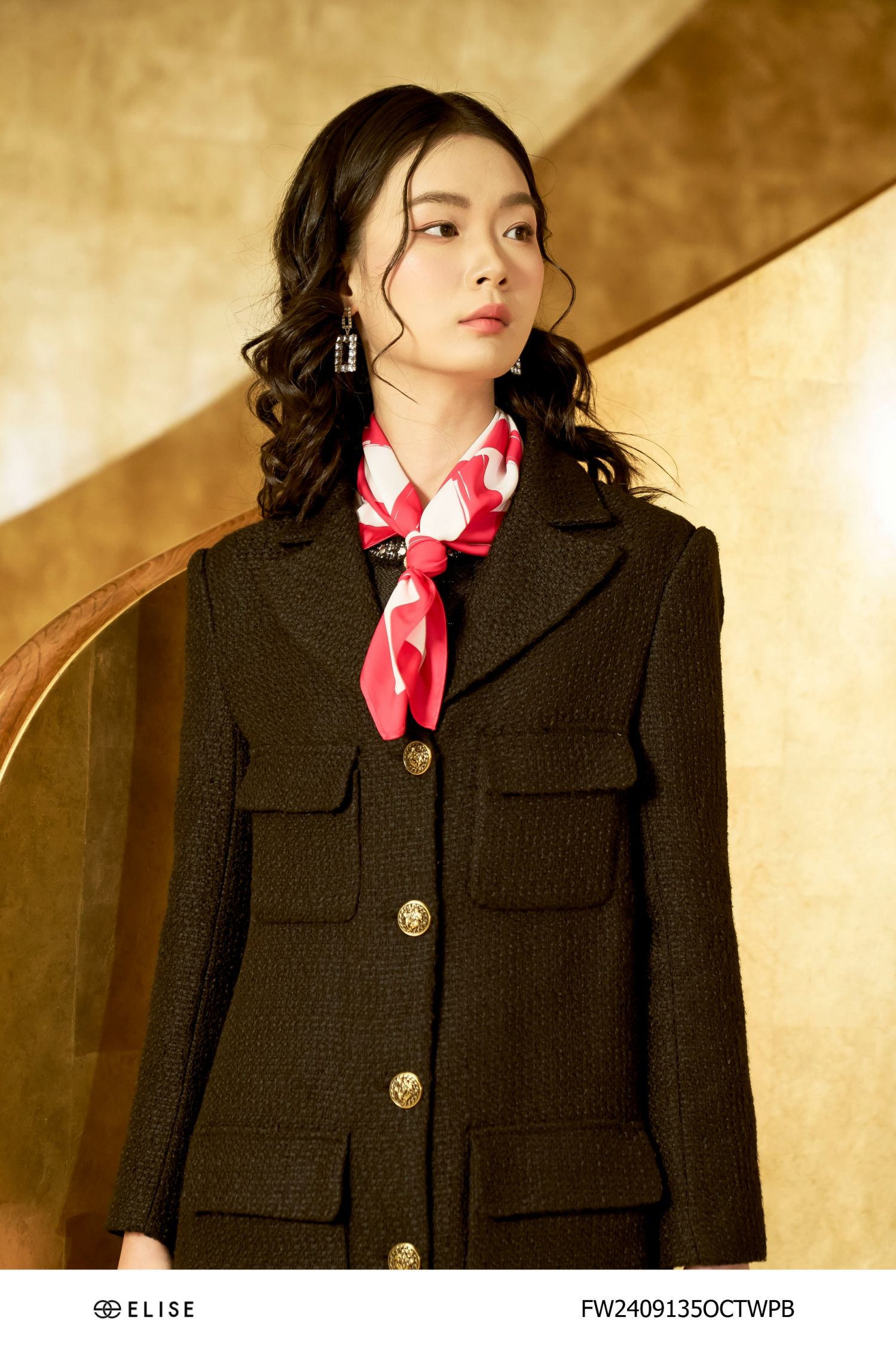 MĂNG TÔ DẠ TWEED SỢI ĐEN ỐP TÚI