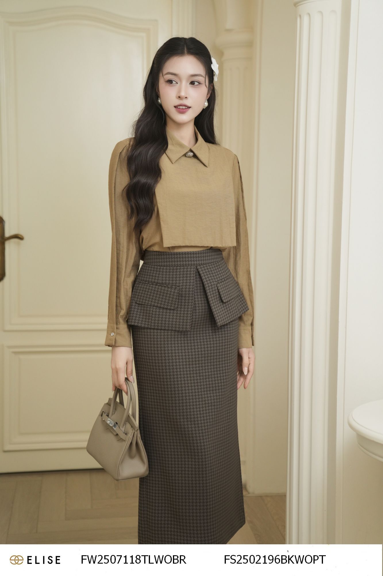 JUPE VÂN HT NÂU CẠP PEPLUM XẺ ỐP NẮP TÚI