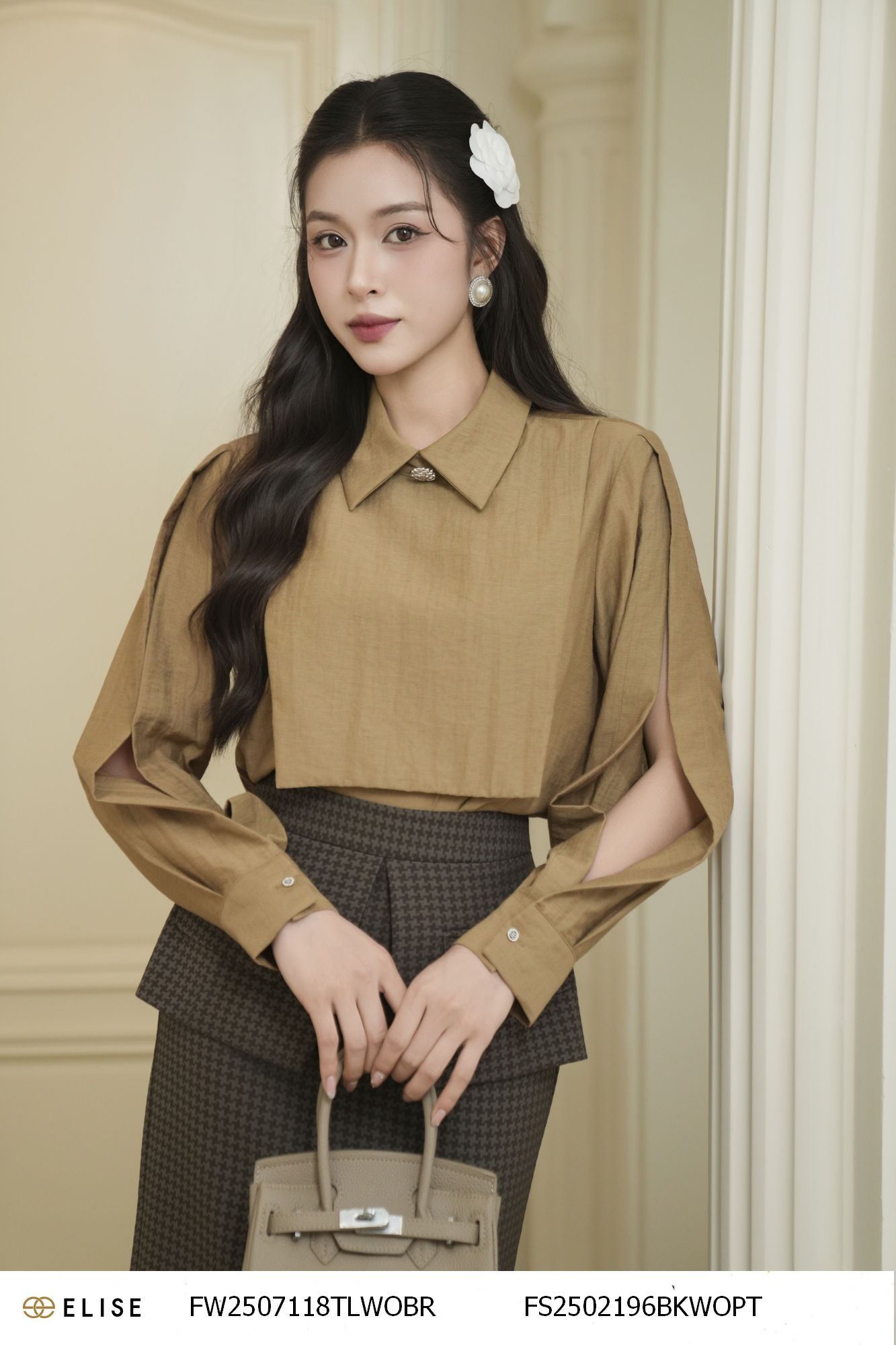 JUPE VÂN HT NÂU CẠP PEPLUM XẺ ỐP NẮP TÚI