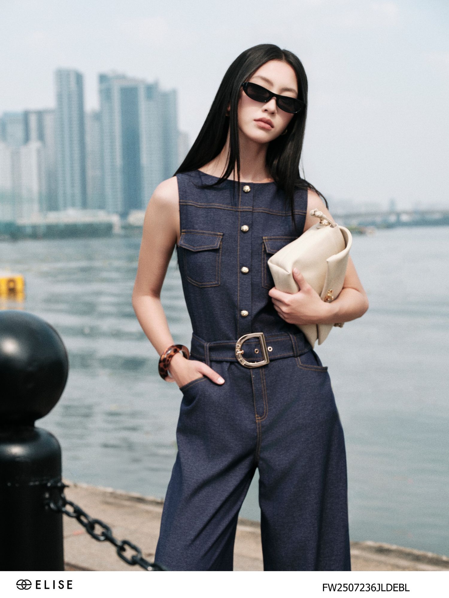 JUMPSUIT DENIM DIỄU CHỈ ĐAI EO