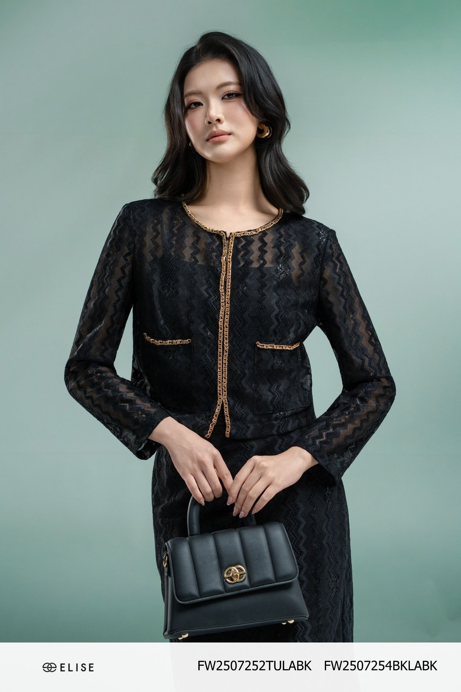 ÁO REN LƯỚI ĐEN VIỀN DÂY XÍCH