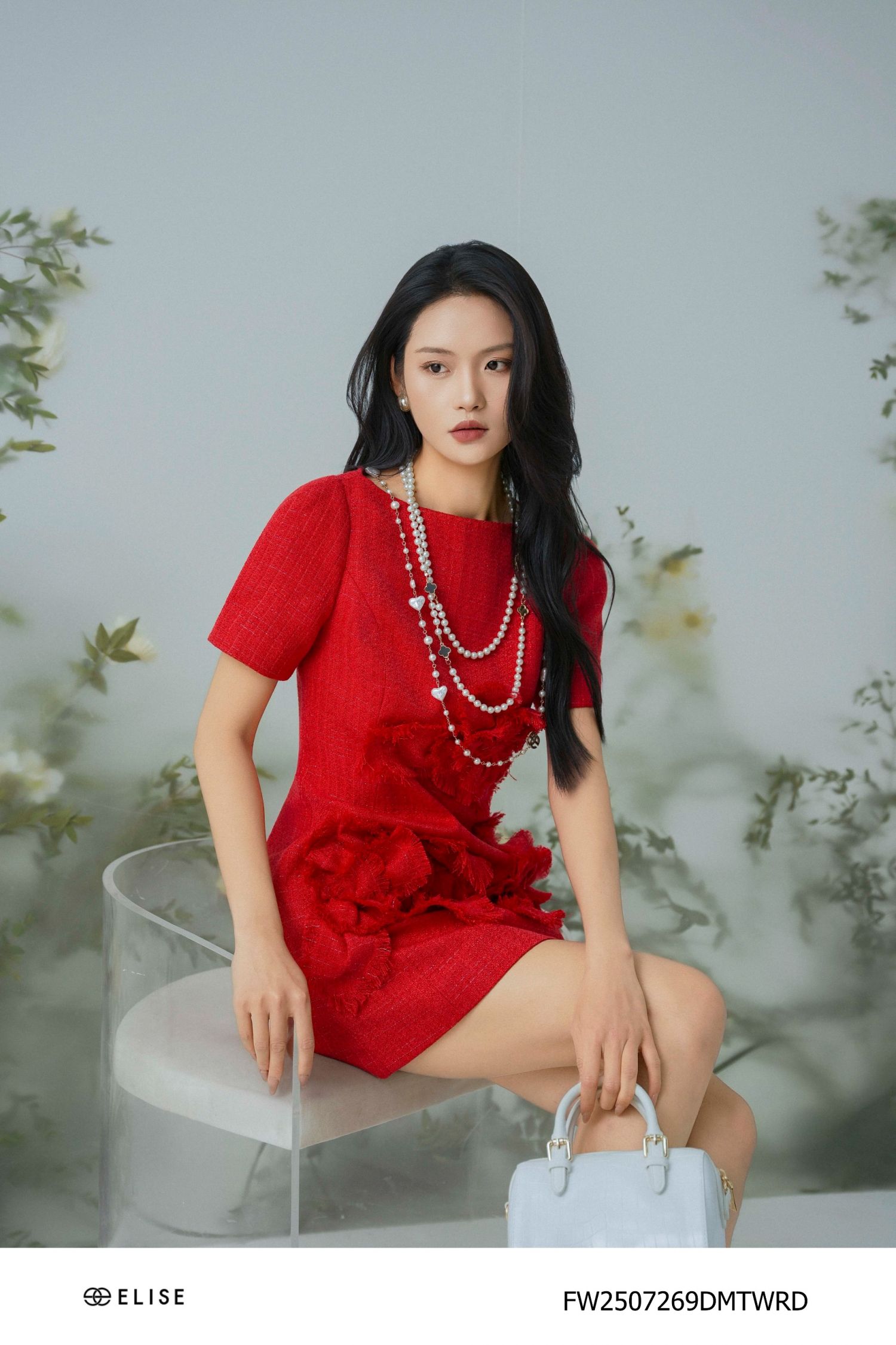 ĐẦM TWEED ĐỎ SỢI KIM TUYẾN ĐÍNH HOA