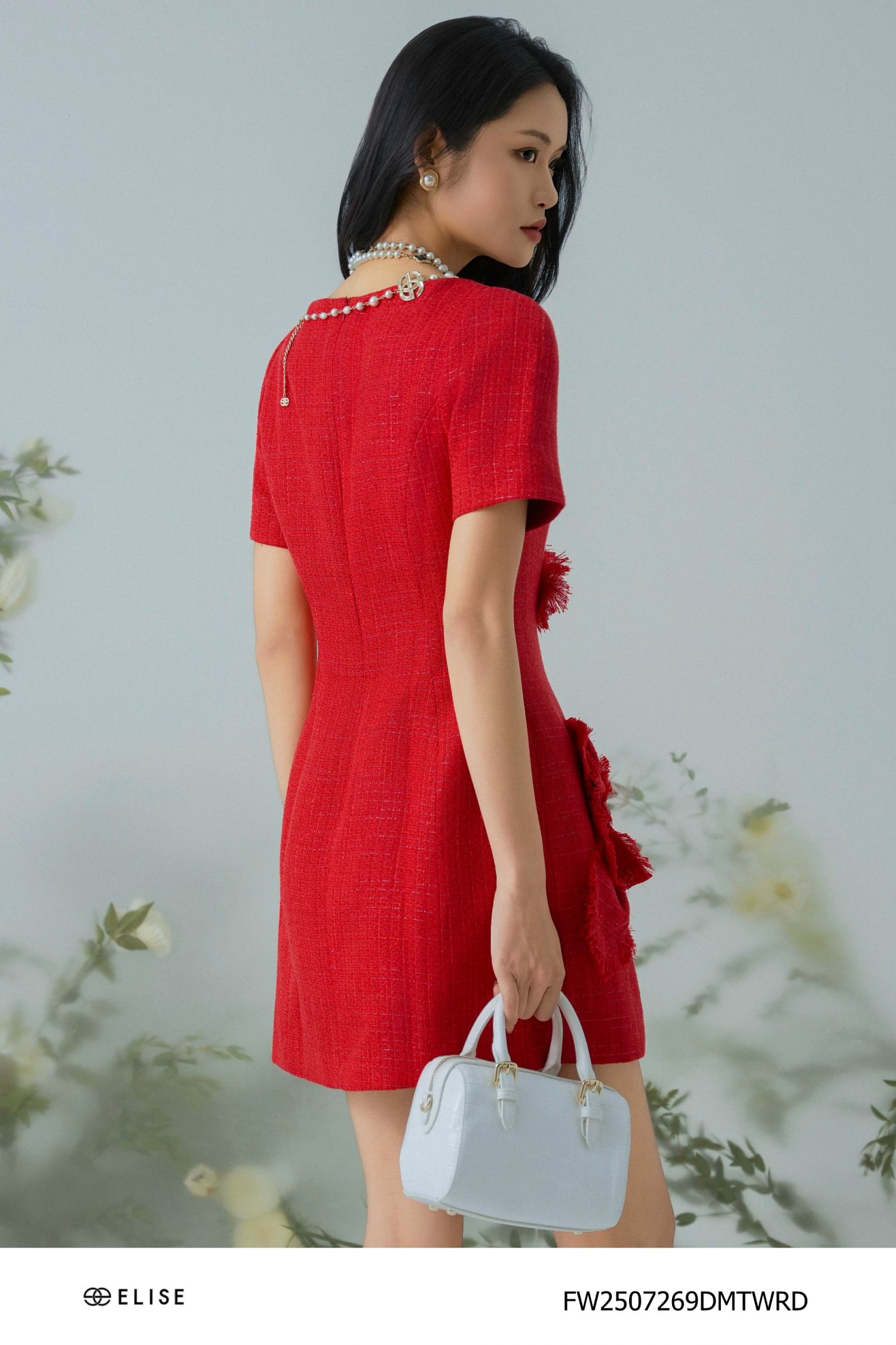 ĐẦM TWEED ĐỎ SỢI KIM TUYẾN ĐÍNH HOA