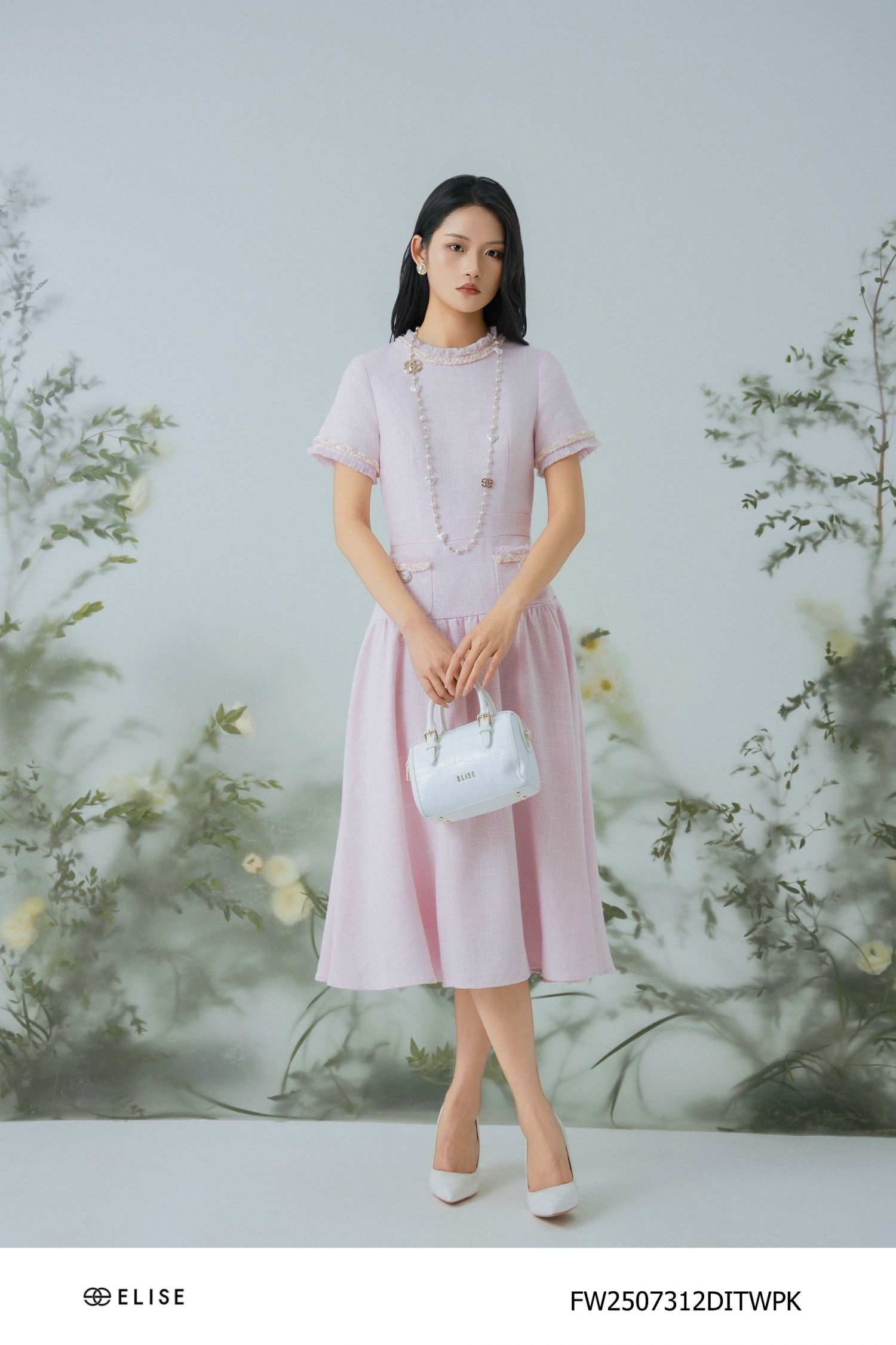 ĐẦM TWEED HỒNG SỢI TRẮNG ĐÍNH DÂY PK